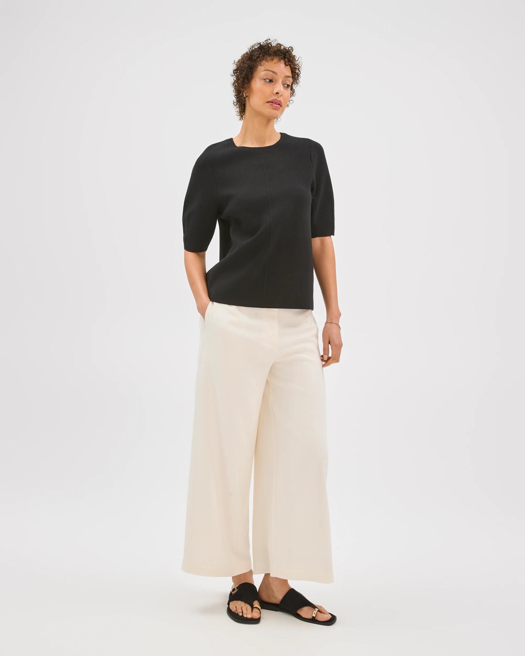 3 Preview Lantern Short Sleeve Crepe Knit Top BLACK, 3 of 7