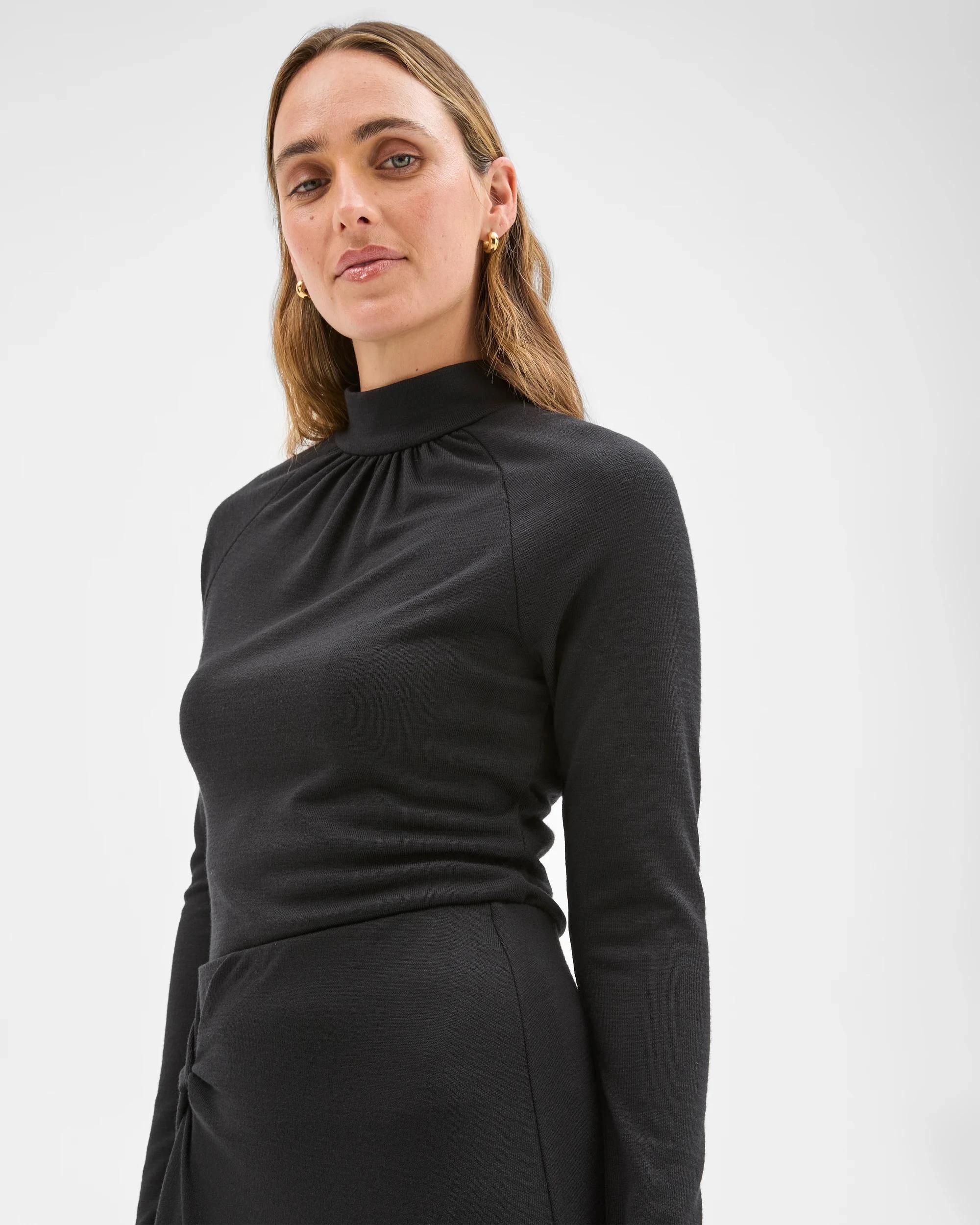 1 Preview Long Sleeve High Neck Drape Top BLACK, 1 of 7