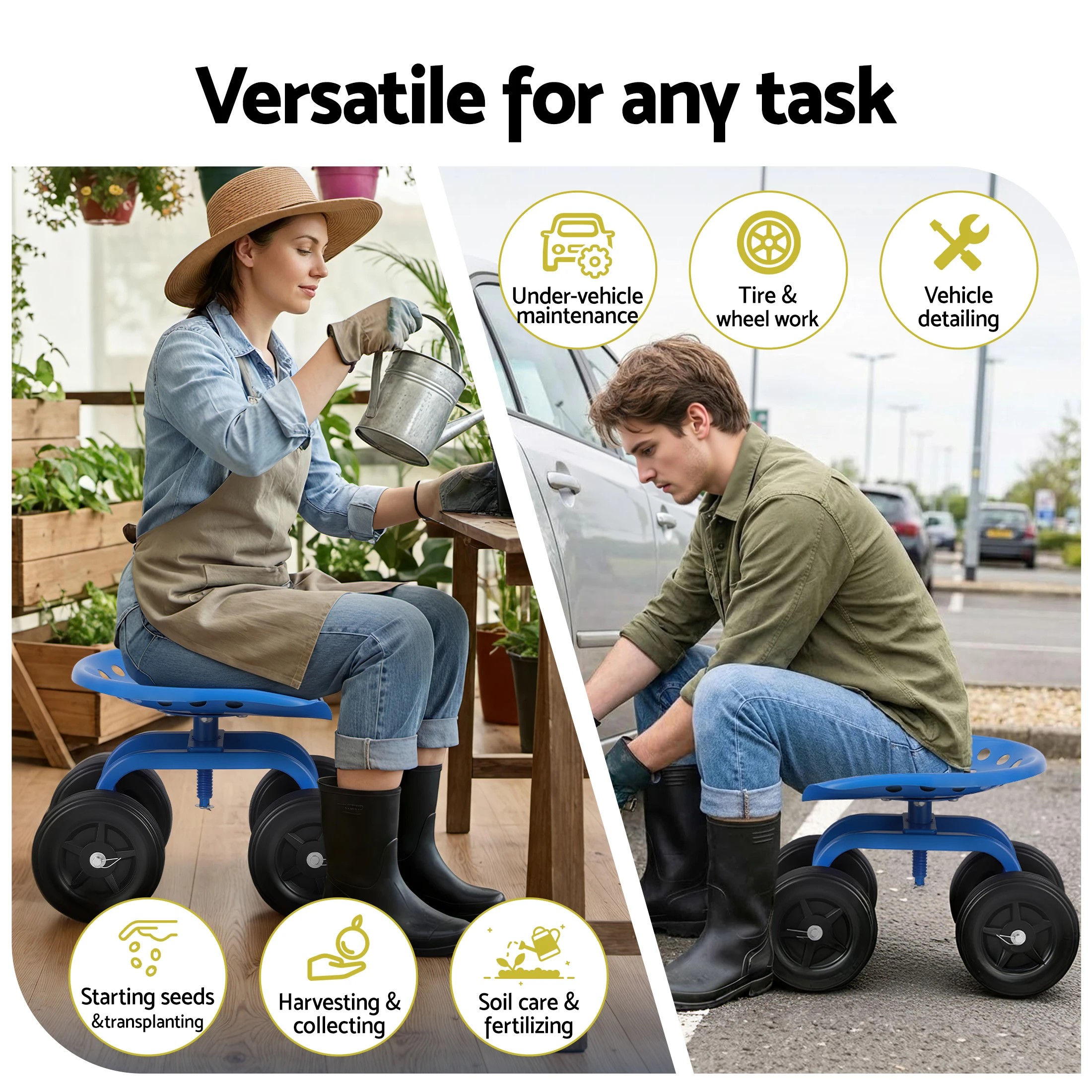 4 Gardeon Garden Seat 360 Swivel Rolling Adju Height Work Scooter Cart Wheels Heavy Duty 150kg - Multi, 4 of 9