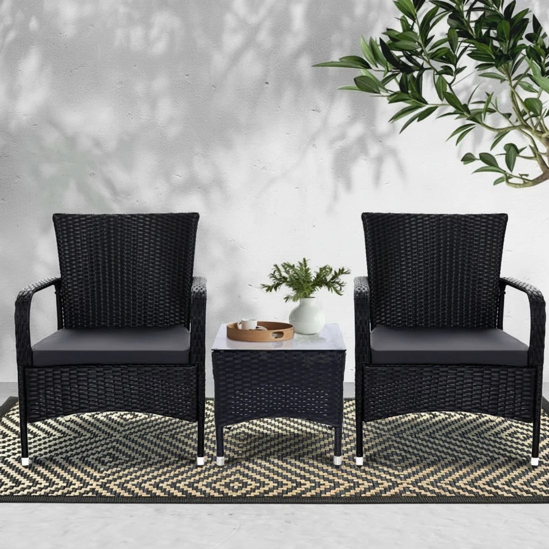 6 Gardeon 3PC Outdoor Bistro Set Patio Furniture Wicker Setting Chairs Table Luca - Black, 6 of 6