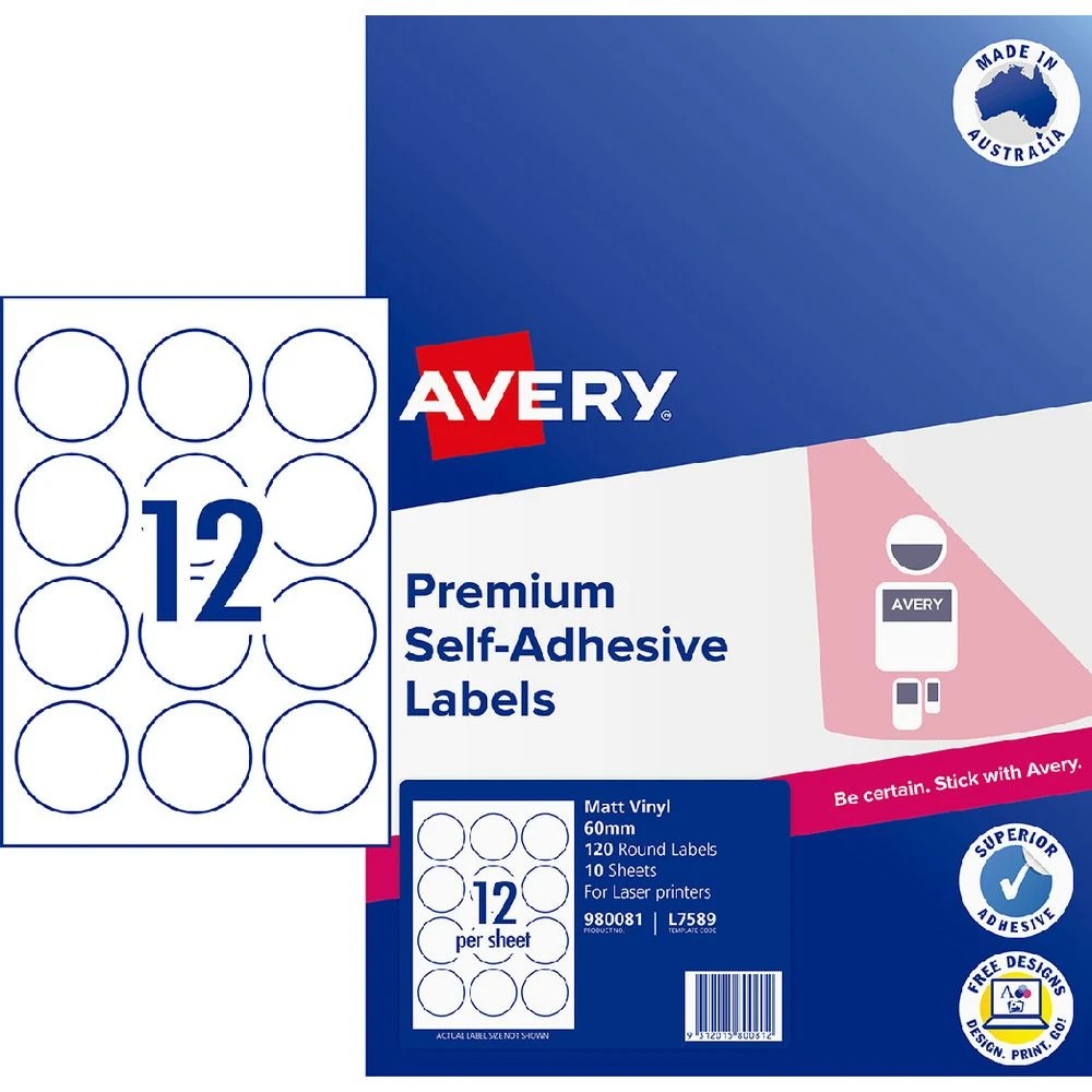 1 Avery 12UP Durable Laser Round Labels 60mm White 10 Pack, 1 of 2