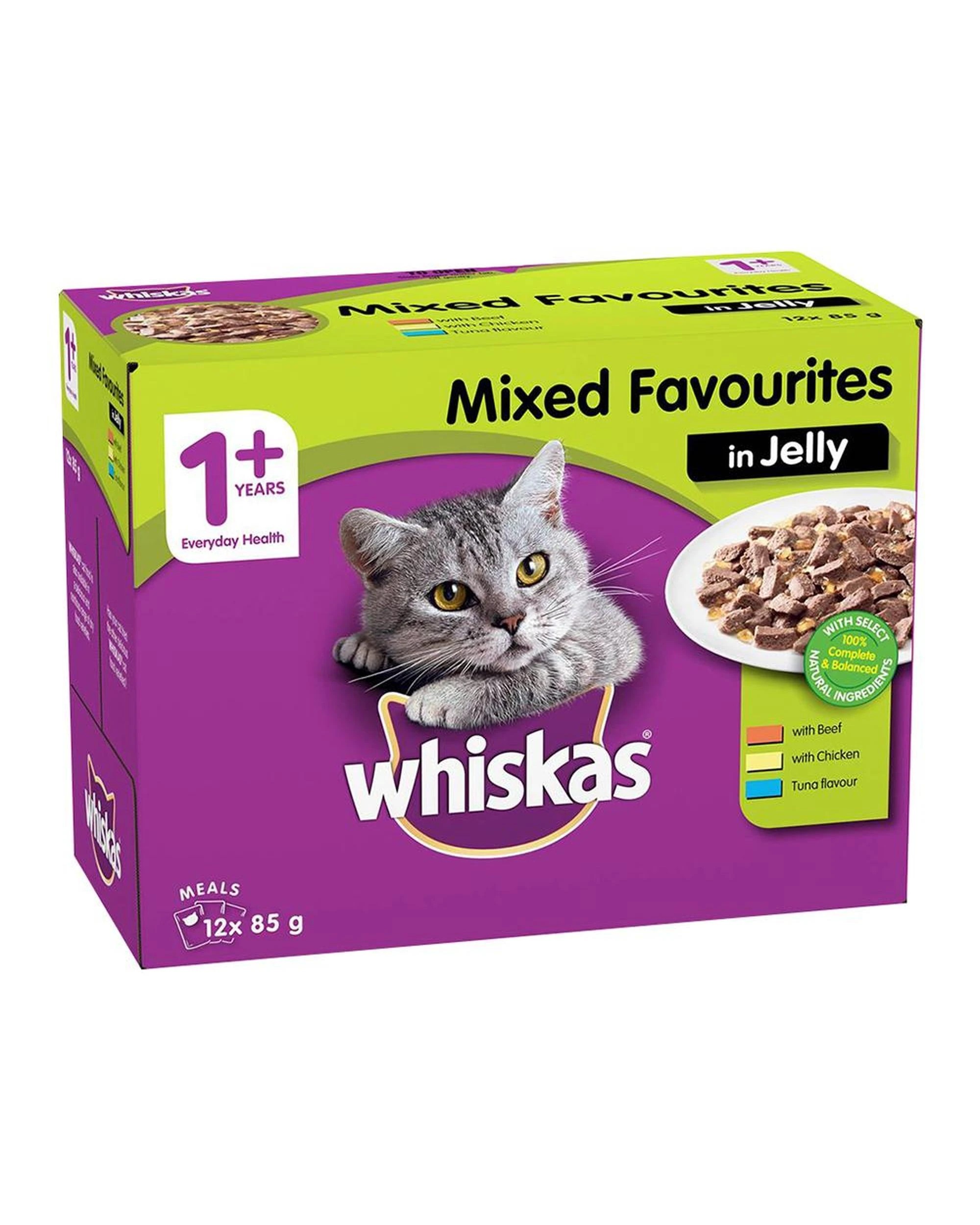 1 Whiskas Adult 1+ Wet Cat Food Mixed Favourites in Jelly 85g x12, 1 of 1