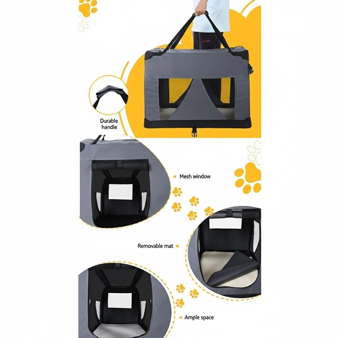 4 i.Pet Pet Carrier Soft Crate Dog Cat Travel 121x80CM Portable Foldable Car - Grey, 4 of 5