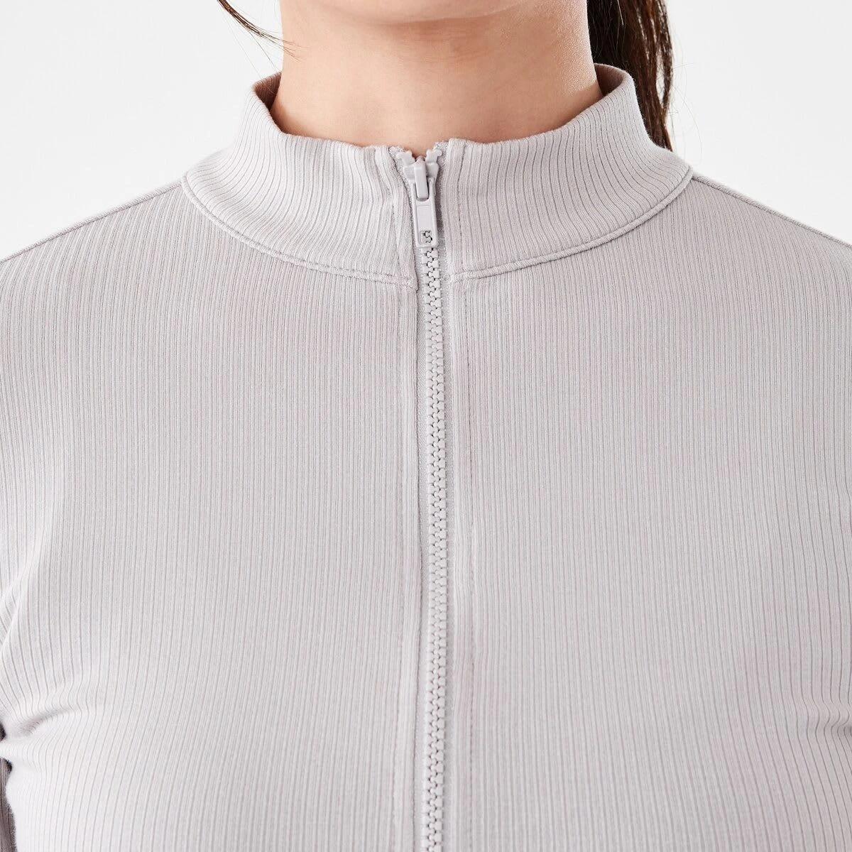 6 Active Womens Ribbed Zip Through Long Sleeve Top Porp Gry, 6 of 7