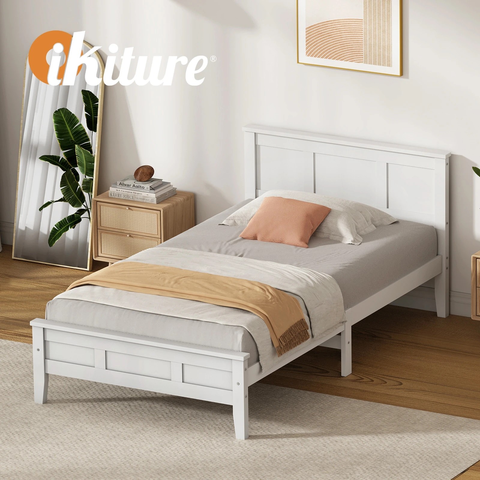 6 Oikiture Single Wooden Bed Frame with Slatted Base Headboard Pine Timber Single - White, 6 of 9