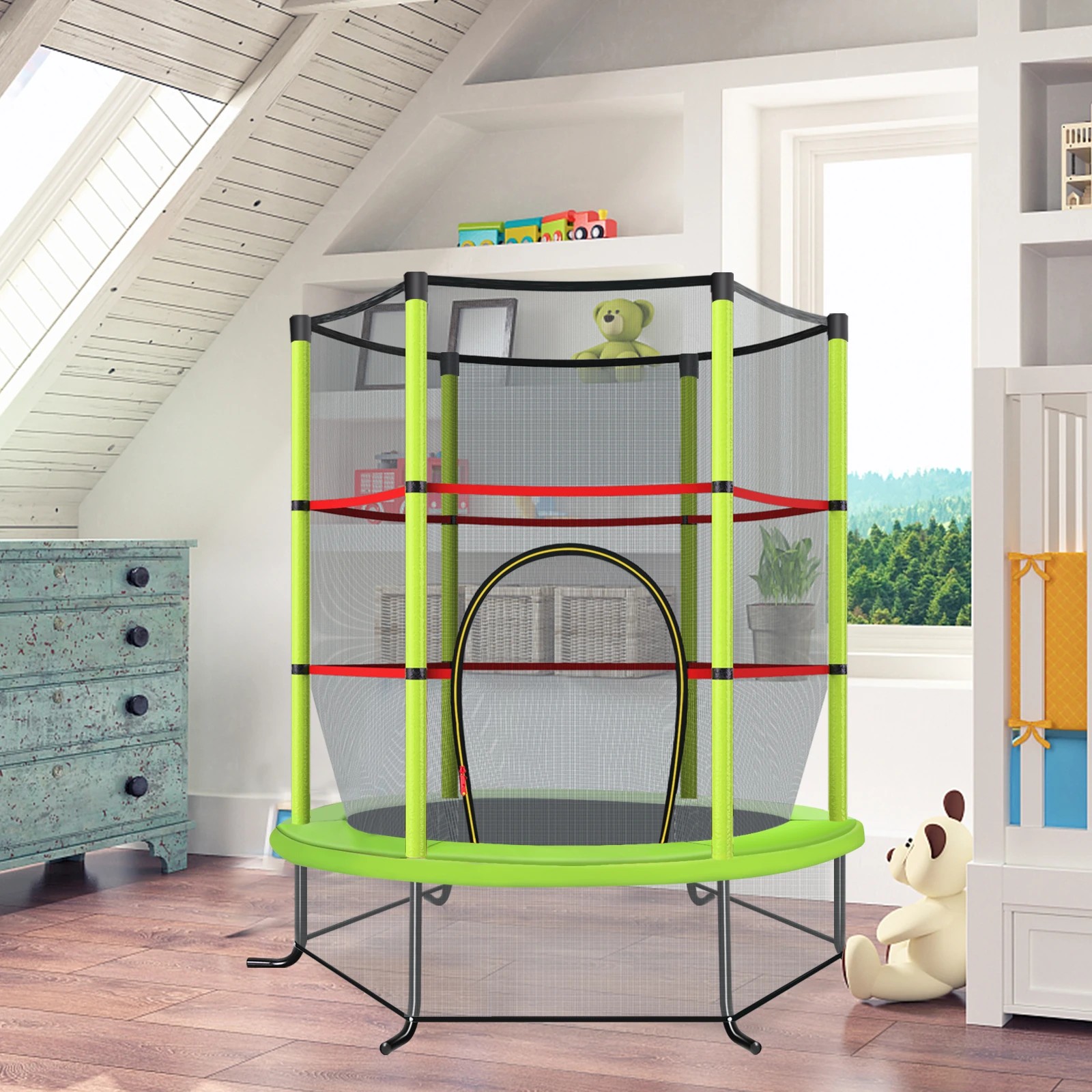 3 Costway Kids Trampoline Bouncer Jumping Trampolines w/Enclosure Net Gift Green, 3 of 6