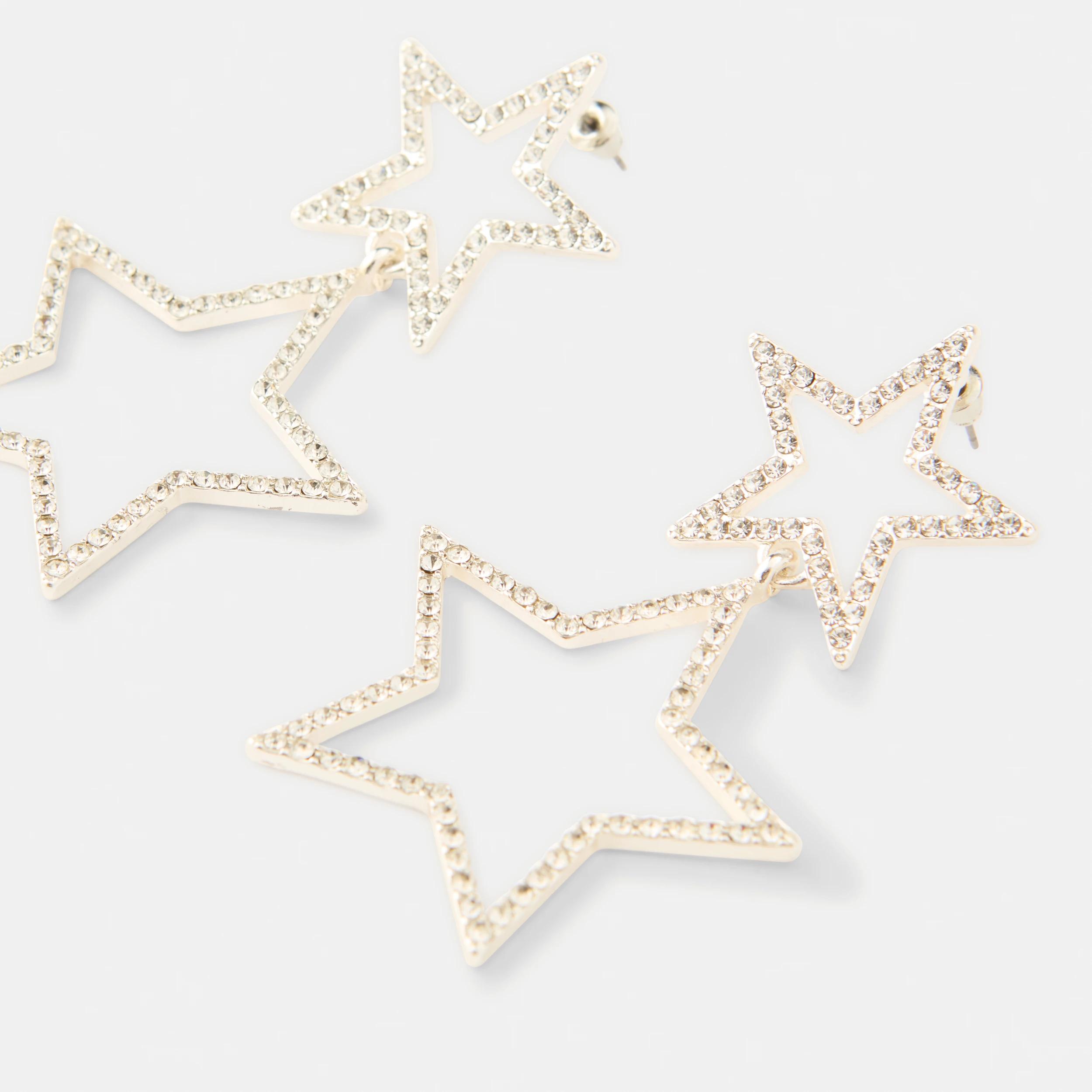 2 Double Star Diamante Drop Earrings - Silver Tone Silver, 2 of 3