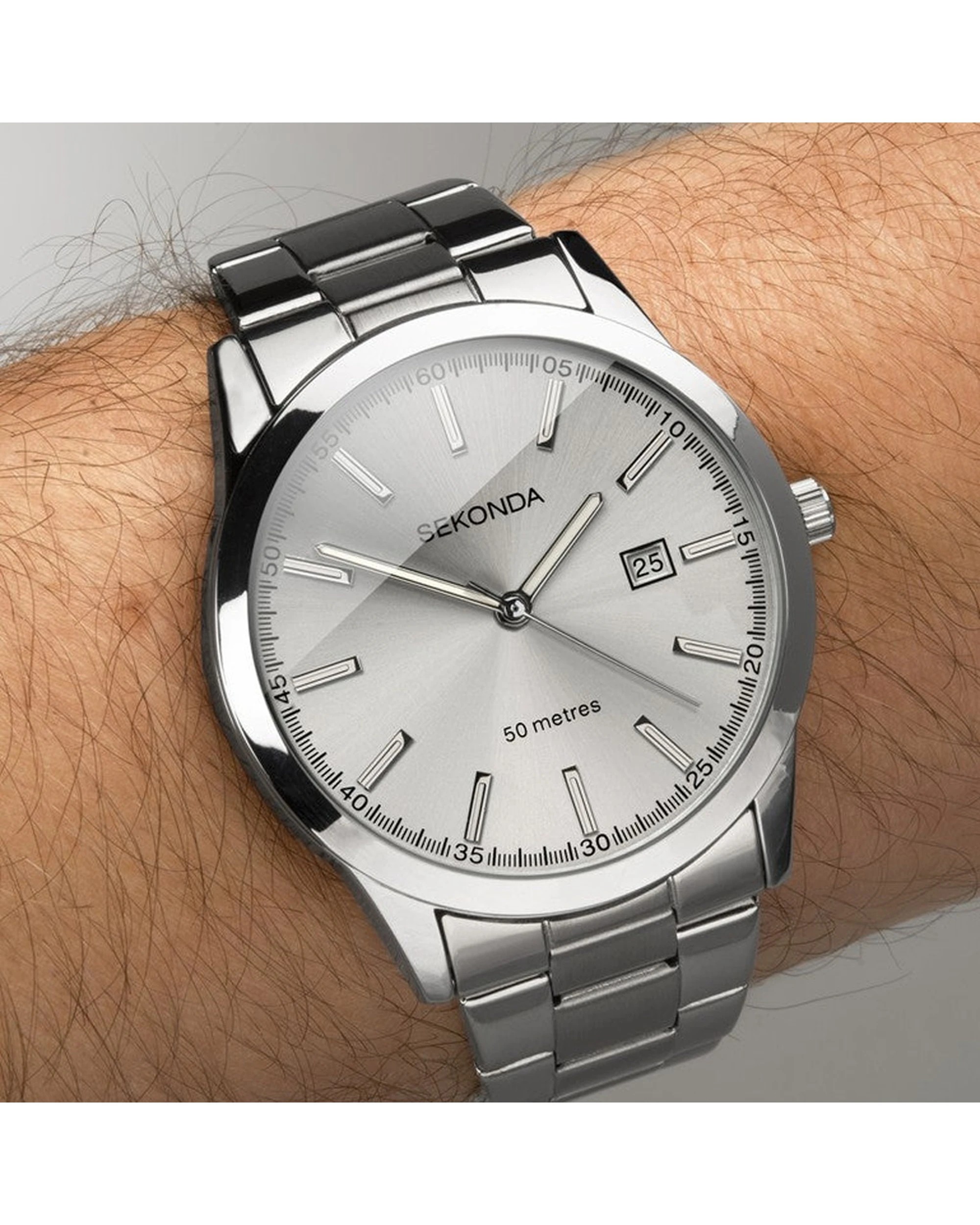 2 Sekonda Men's Watch Silver Metal Bracelet 43mm Case 50m Water Resistant, 2 of 5