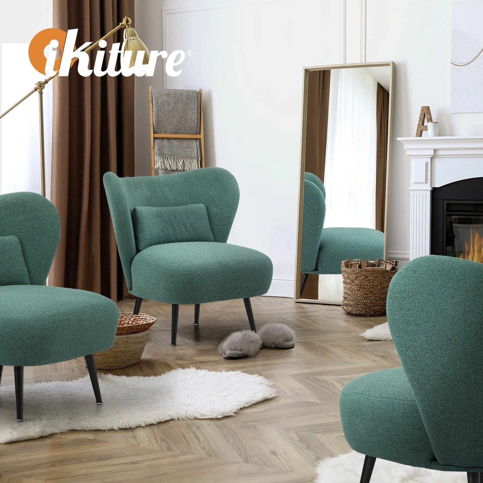 6 Oikiture 2x Armchair Lounge Chair with Lumbar Pillow Wingback Linen - Green, 6 of 10