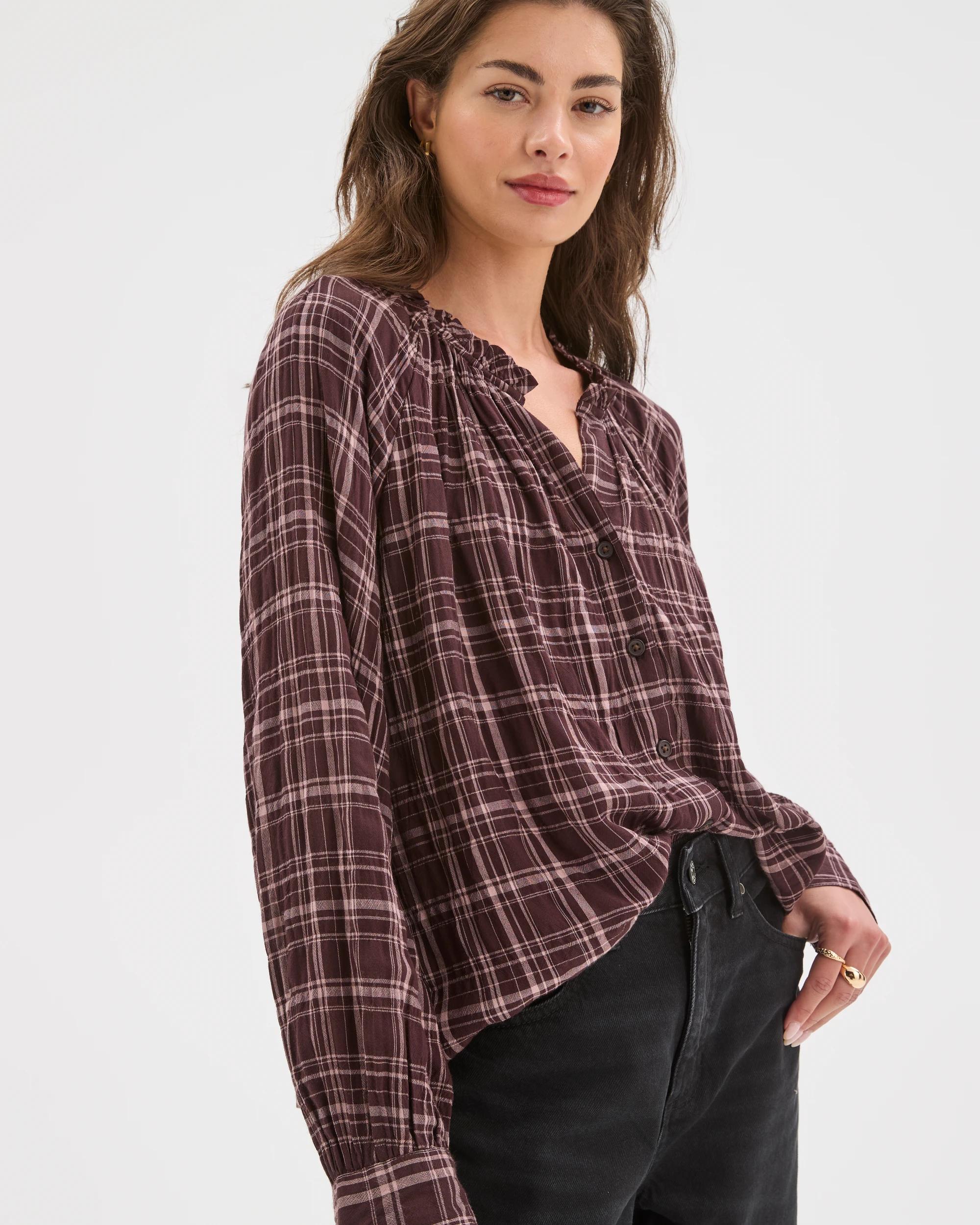 4 Target Petites Petites Long Sleeve Tie Cuff Blouse CHOCOLATE PLUM CHECK, 4 of 7