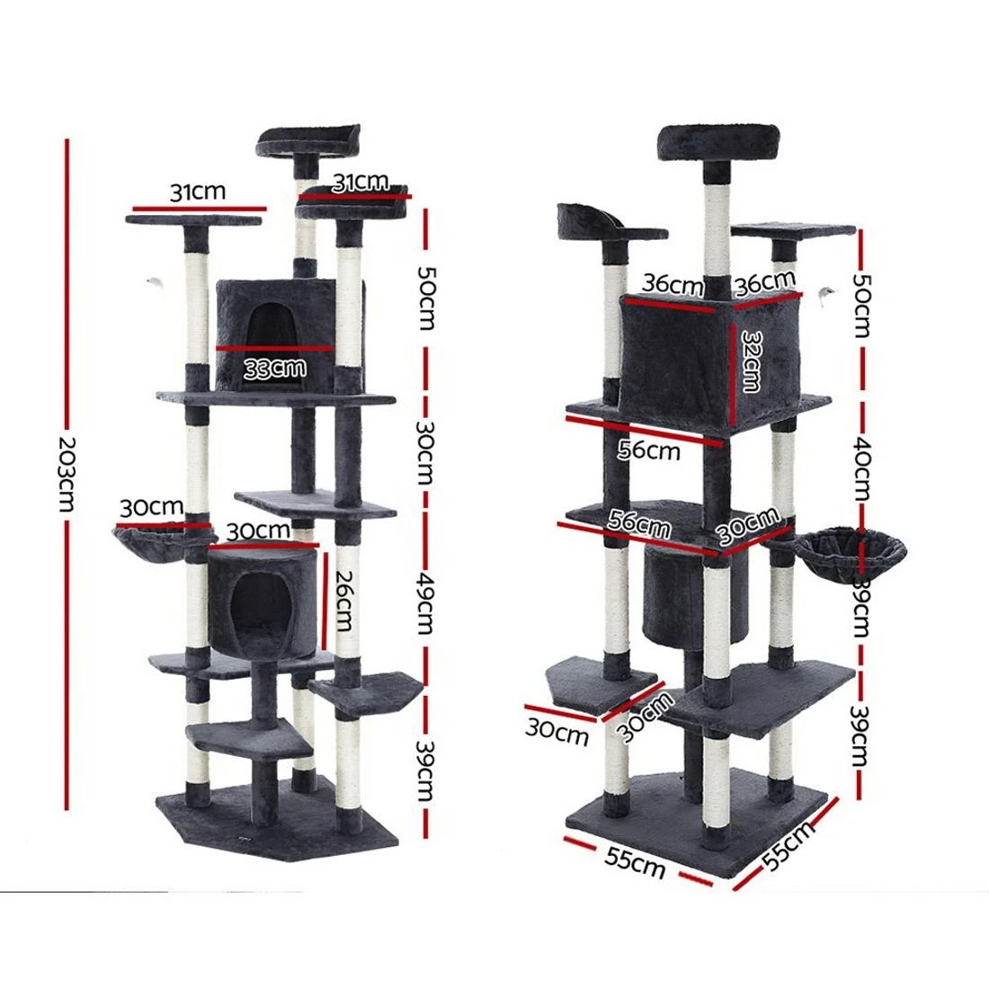 3 i.Pet Cat Tree 203cm Tower Scratching Post Scratcher Condo Trees House Bed - Grey, 3 of 8