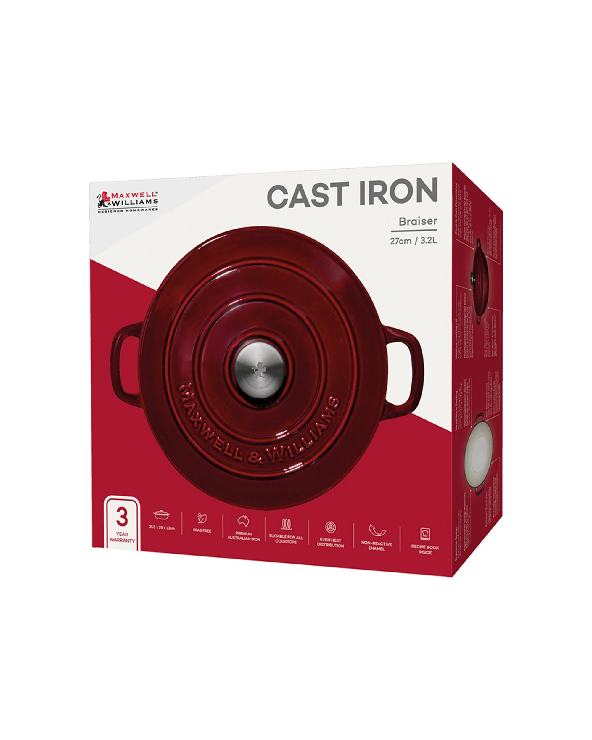 4 Maxwell & Williams Cookware Cast Iron Braiser 27cm 3.3l Oven Safe With Gift Box
 - Burgundy, 4 of 4