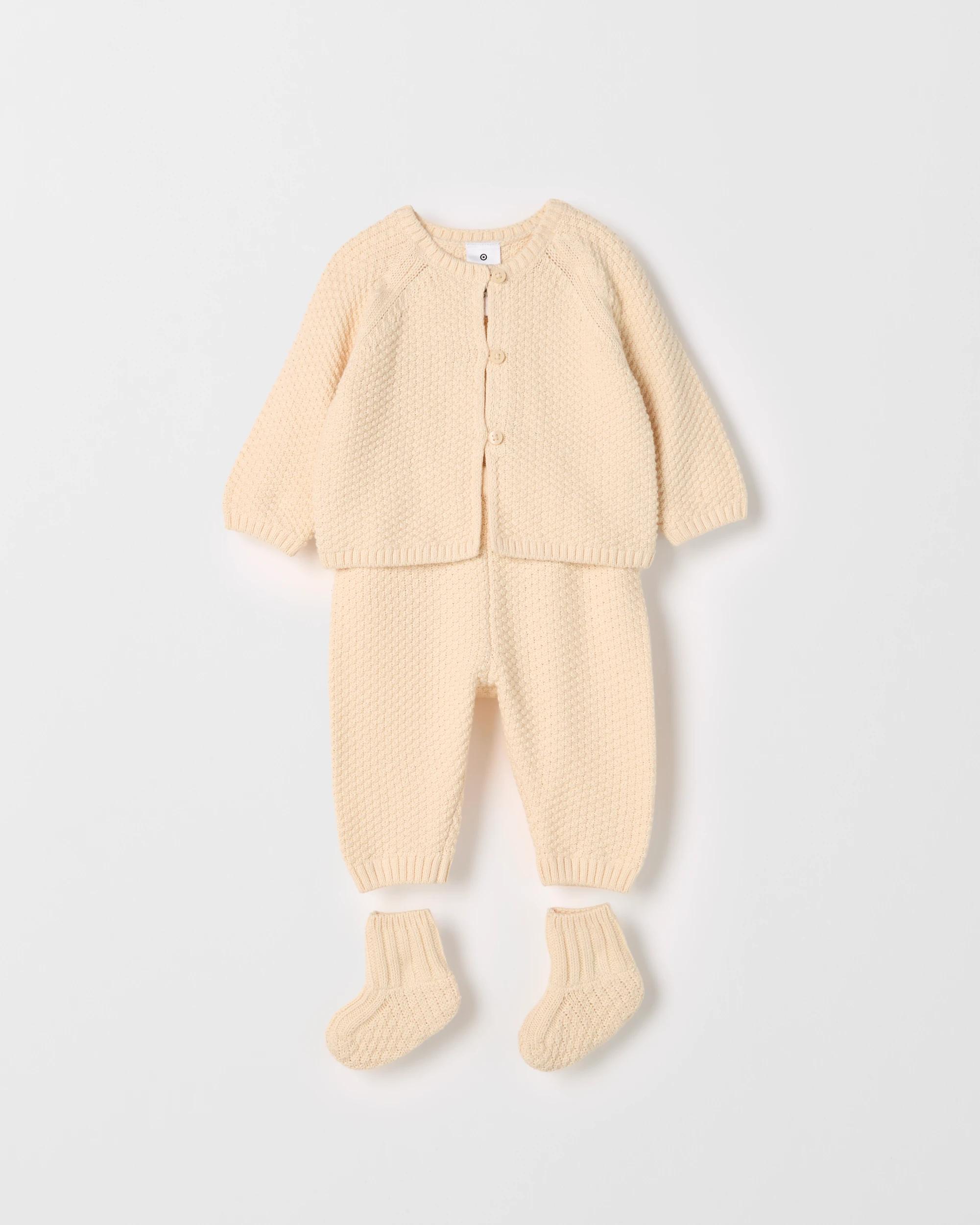 1 Target Baby Baby Organic Cotton Cardigan, Pants and Bootie Knit Set CREAM, 1 of 3