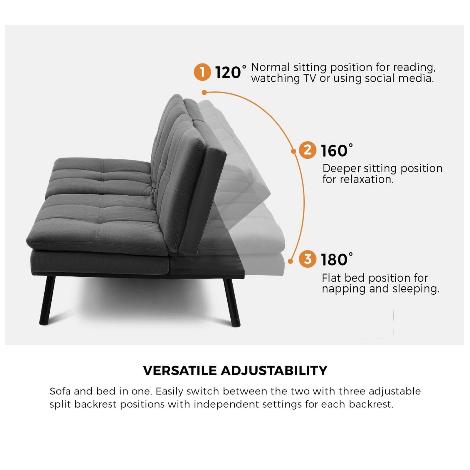 4 Oikiture Sofa Bed Futon Convertible Velvet Lounge Couch 3-seater Recliner
 - Grey, 4 of 10