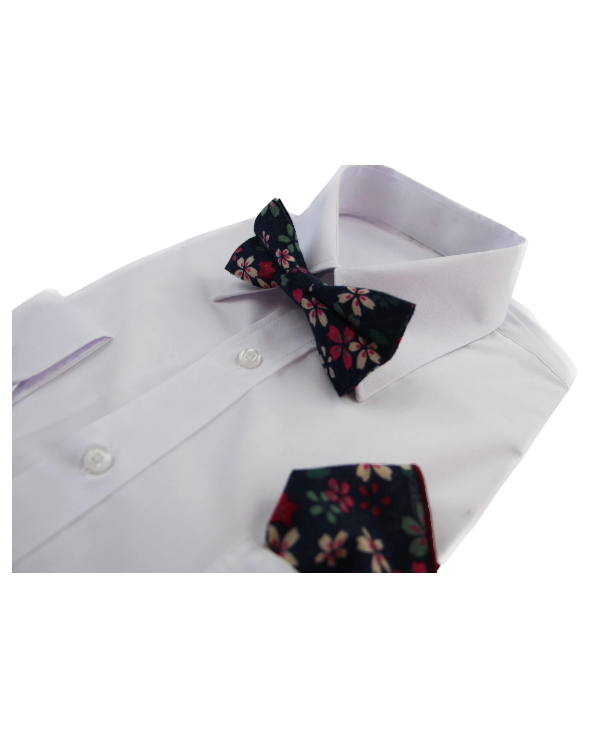4 Zasel Mens Navy With Pink, Cream & Green Flowers Cotton Bow Tie & Pocket Square Set - Multi, 4 of 4