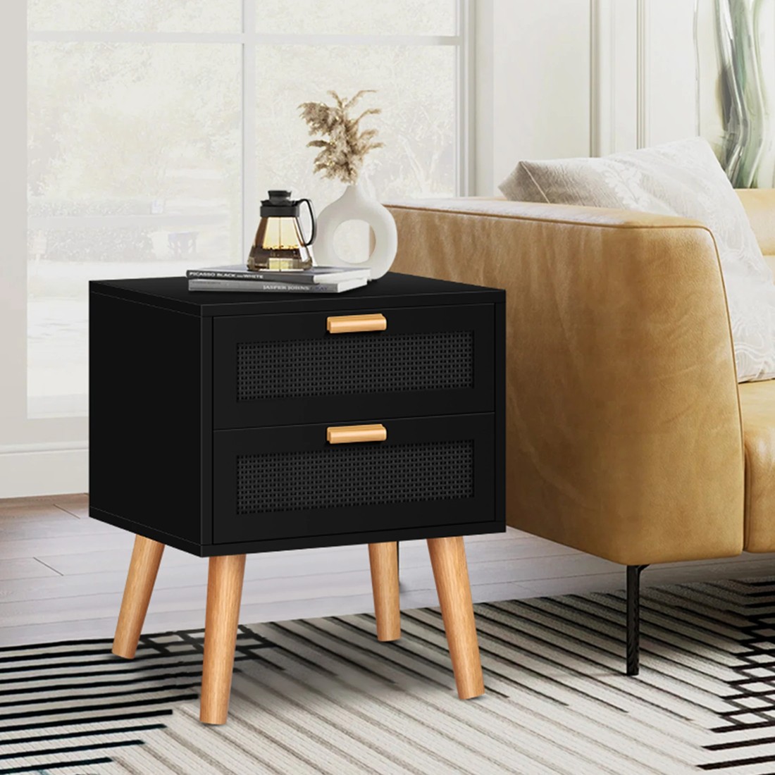 6 Alfordson Bedside Table Nightstand Side Storage Cabinet Boho Rattan - Black, 6 of 10