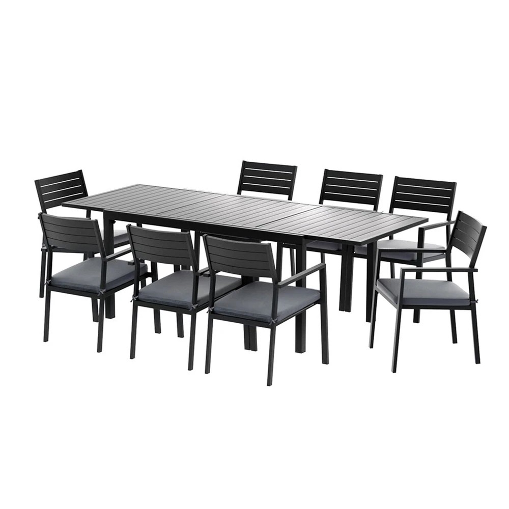 1 Gardeon Outdoor Dining Set 9PCS Aluminum Extendable Table Chairs Patio Furniture - Black, 1 of 7