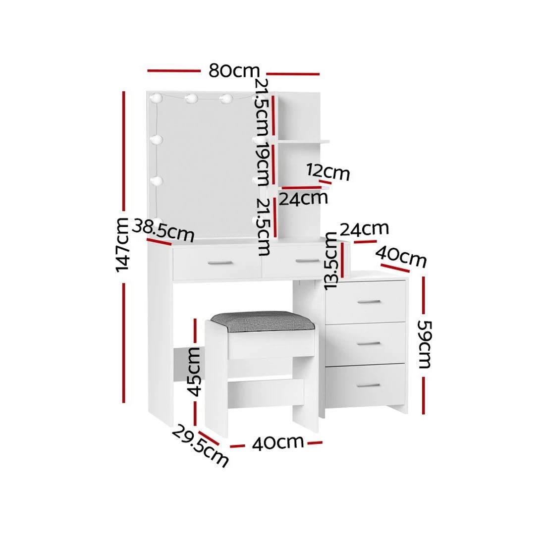 4 Artiss Dressing Table Set Stool 10 LED Bulbs  Dale - White, 4 of 8