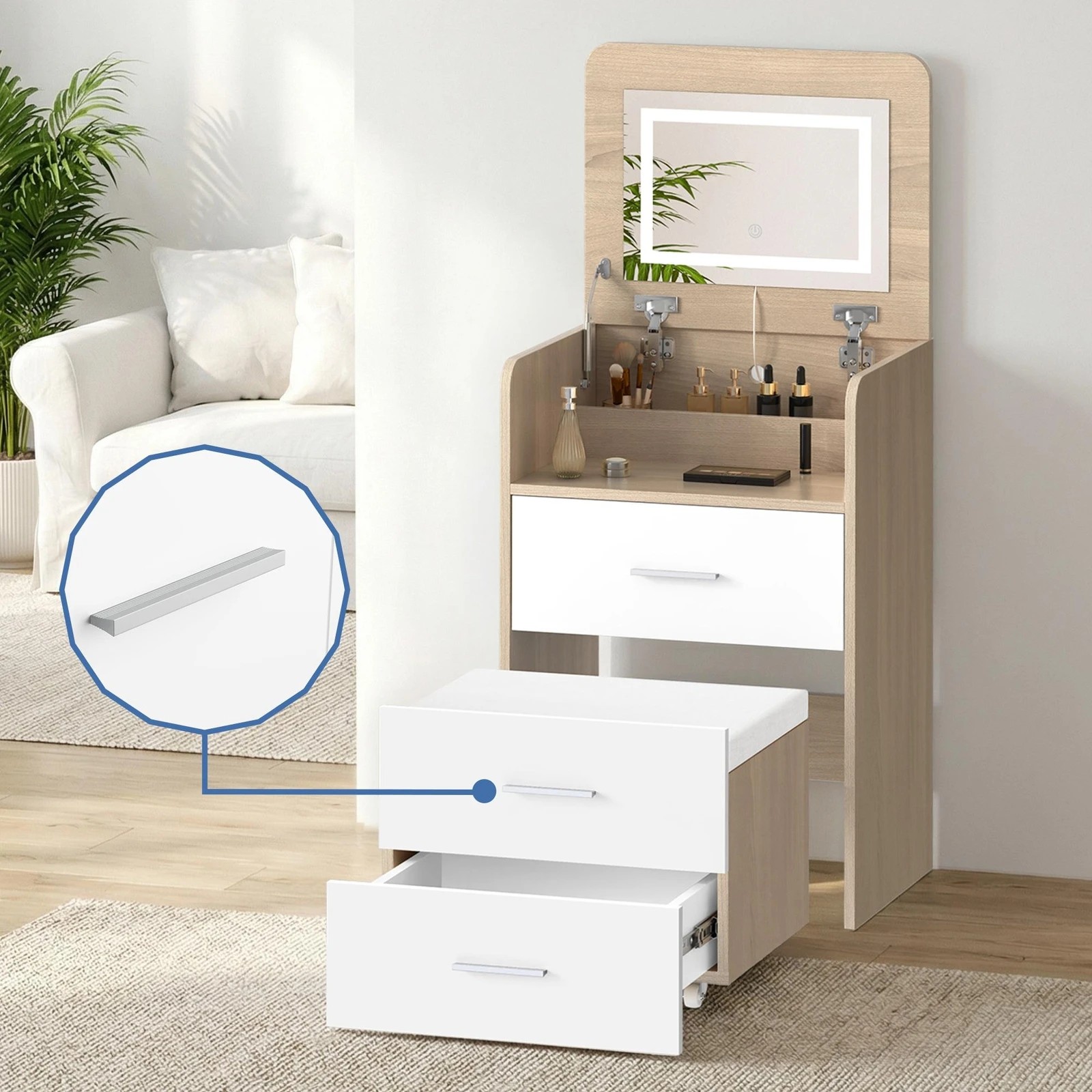 8 Alfordson 2x Dressing Table Stool Set 2-In-1 Makeup Mirror Vanity Desk - Natural, 8 of 10