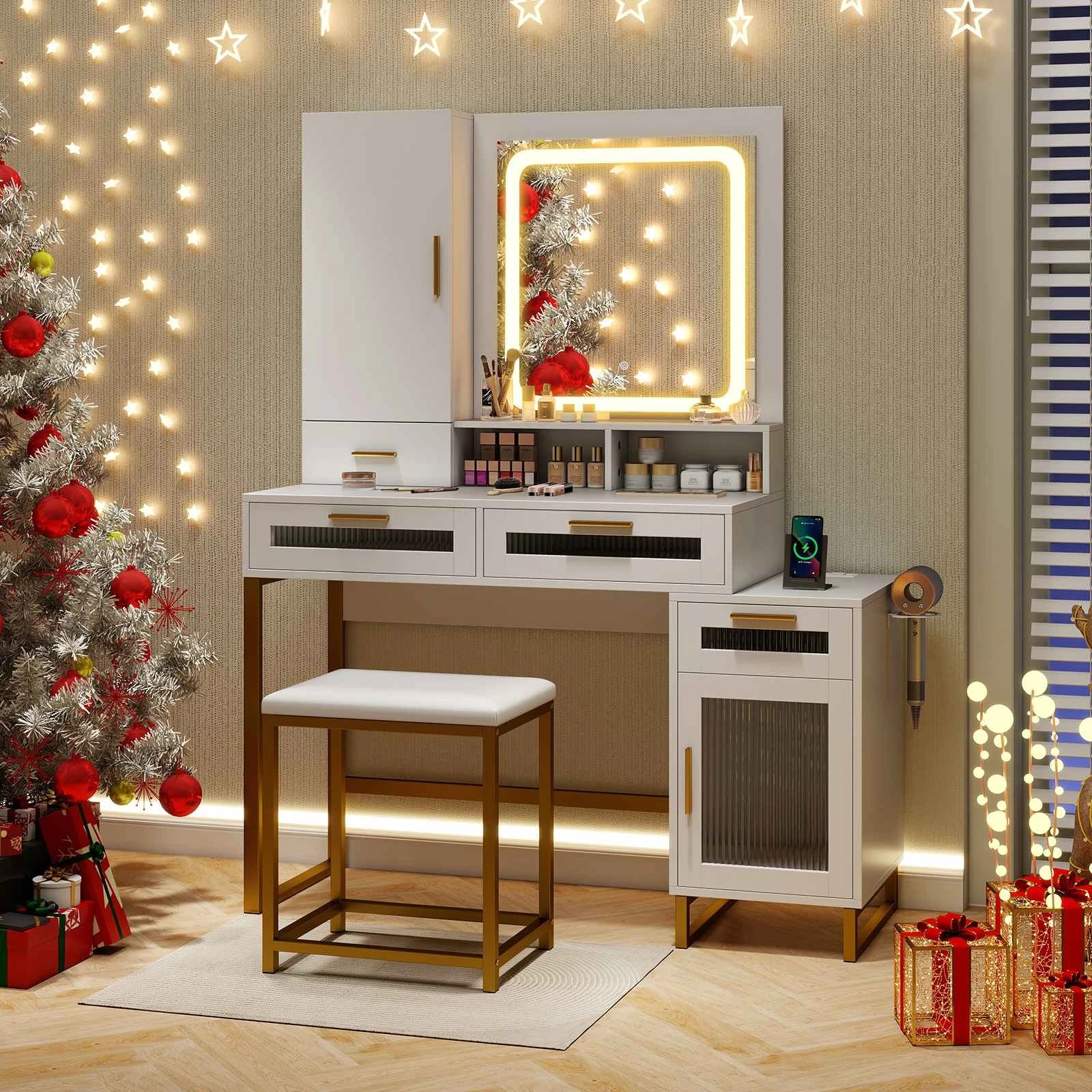 3 Costway 3-Color LED Vanity Dressing Table Stool w/Charging Station & Jewelry Cabinet, 3 of 4