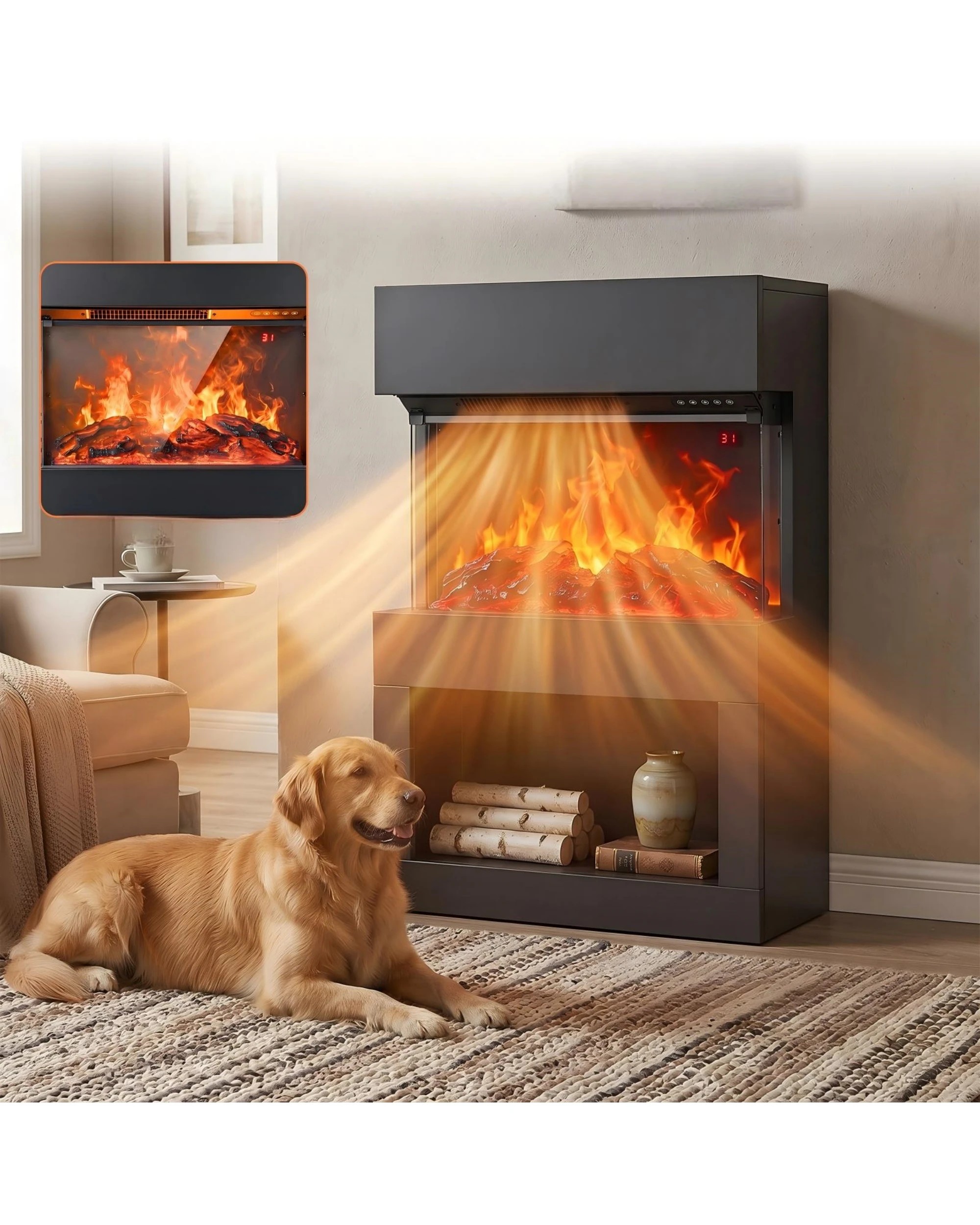 3 Yopower Electric Fireplace with Lower Storage 3D Flame 2-Heat Level Timer Remote - Black, 3 of 7