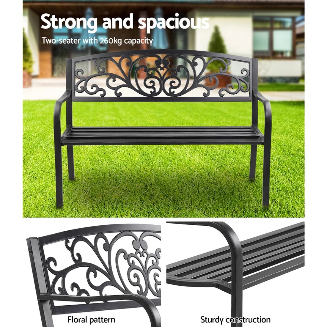 4 Gardeon Outdoor Garden Bench Seat Steel Outdoor Furniture 3 Seater Park - Black, 4 of 5