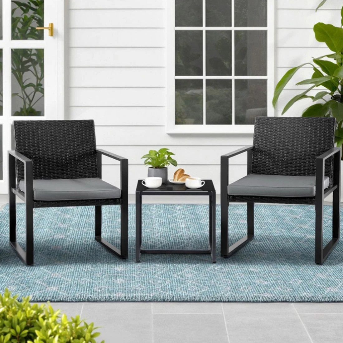 3 Gardeon 3PC Outdoor Bistro Set Patio Furniture Wicker Dining Chairs Table Cushion - Black, 3 of 7