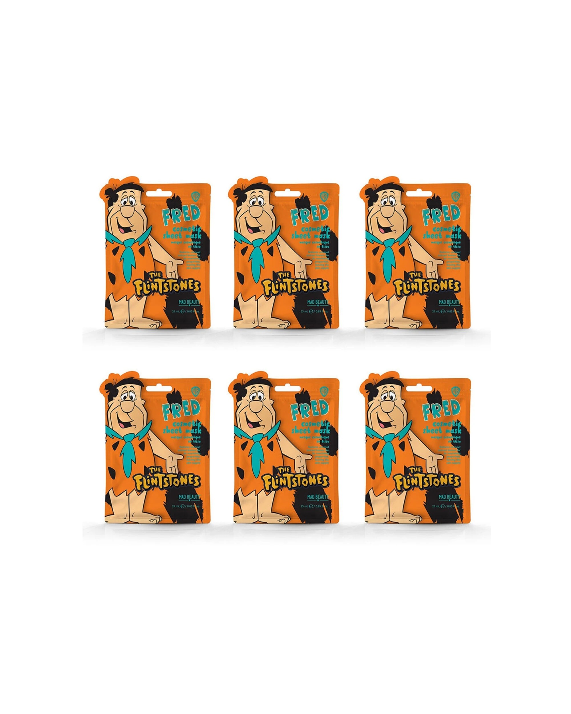 1 Warner Bros Fred Flintstone Scented Cosmetic Sheet Face Mask Coconut 6PK 25ml - Orange, 1 of 3