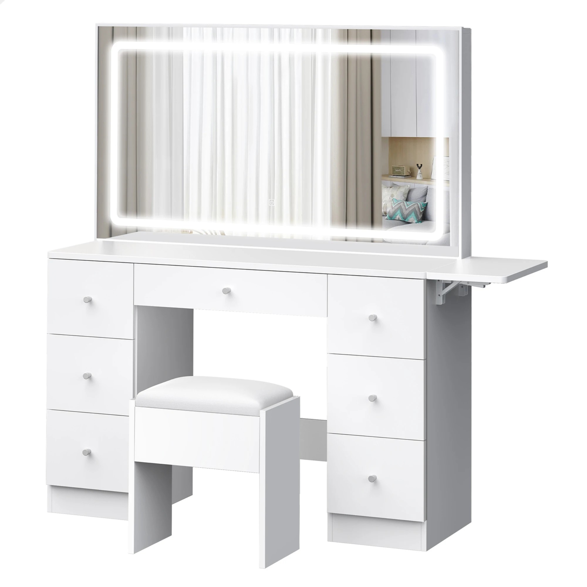 1 Alfordson Dressing Table Stool Set Makeup Mirror LED Vanity Desk 7 Drawers - White, 1 of 10