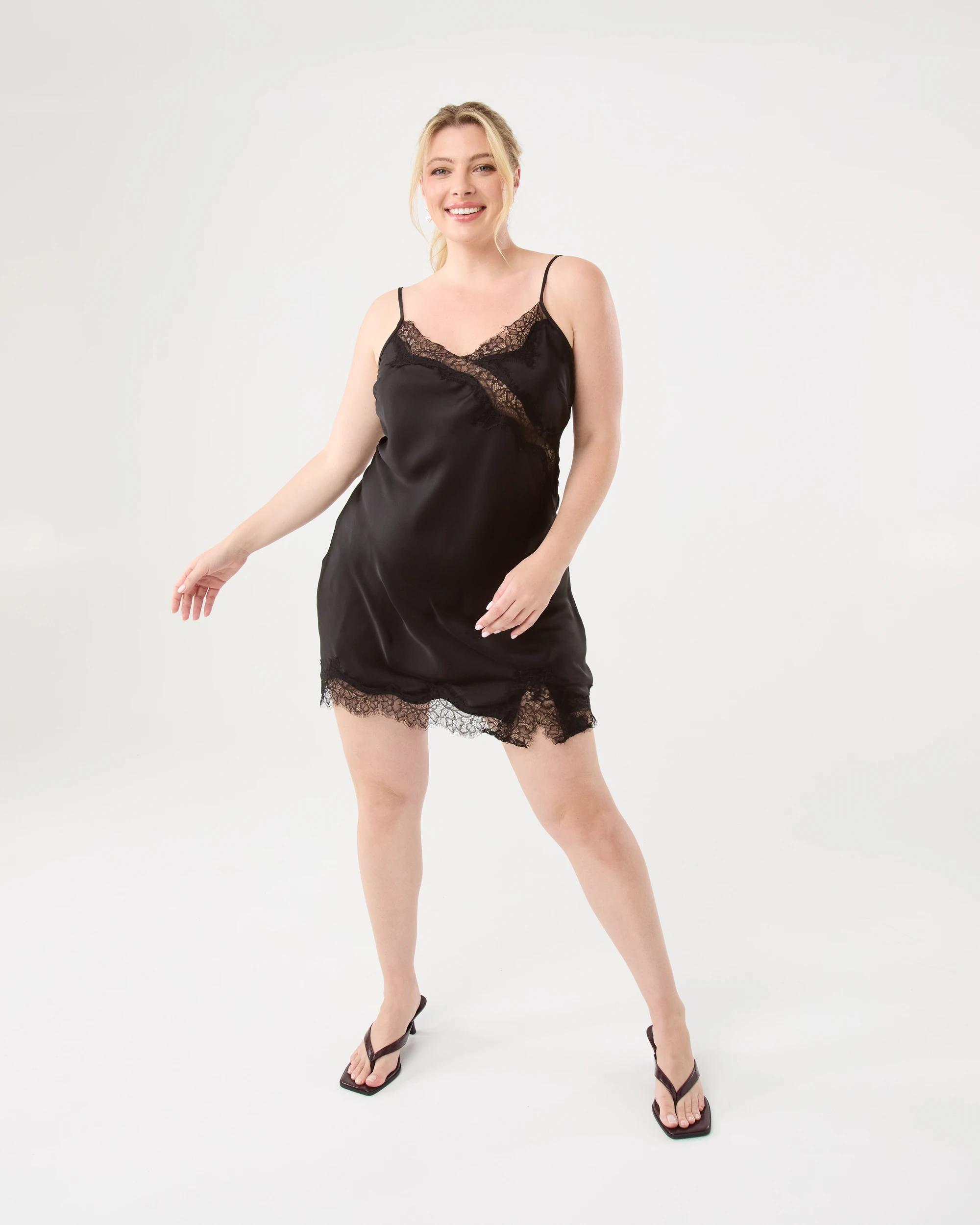 4 Sleeveless Satin Lace Mini Dress Black, 4 of 9
