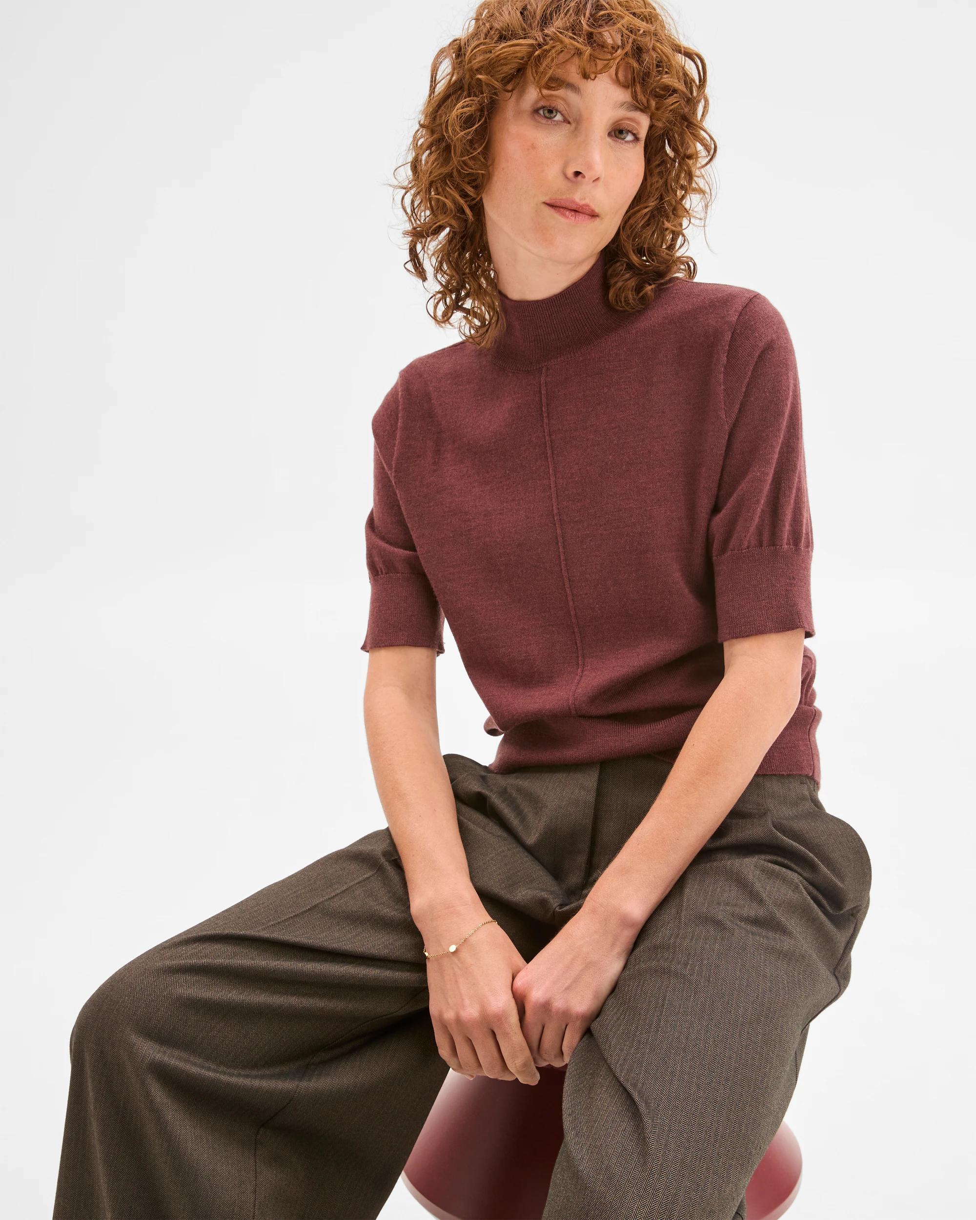 6 Preview Merino Wool Mock Neck Stitch Detail Top RUM RAISIN, 6 of 7