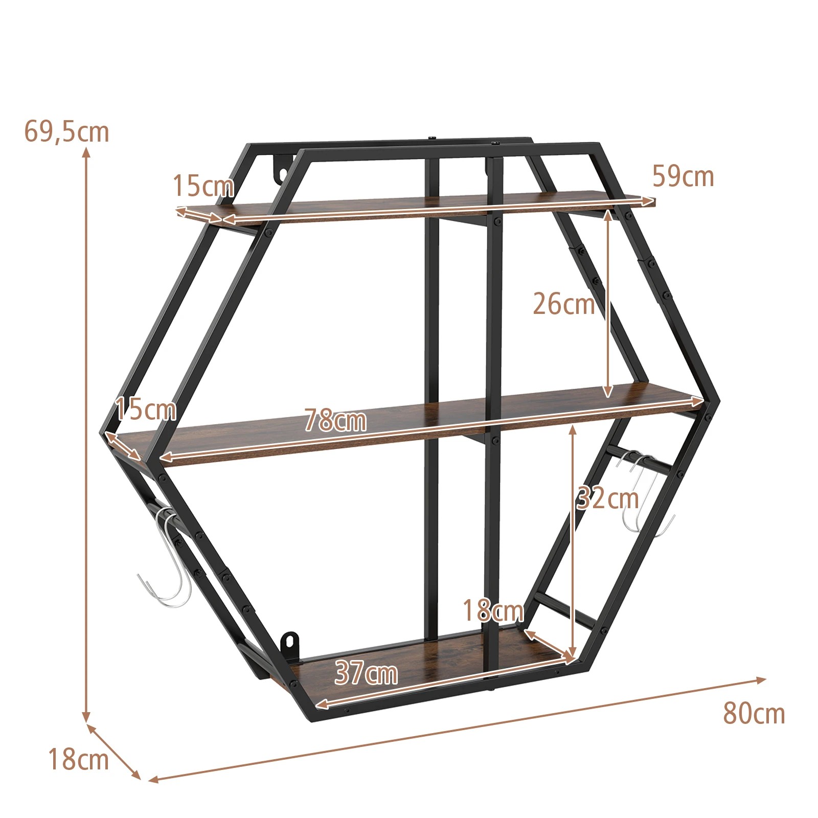 2 Costway Industrial Hexagon Shelves Wall Mounted Wooden Display Rack Hanging Shelves, 2 of 4