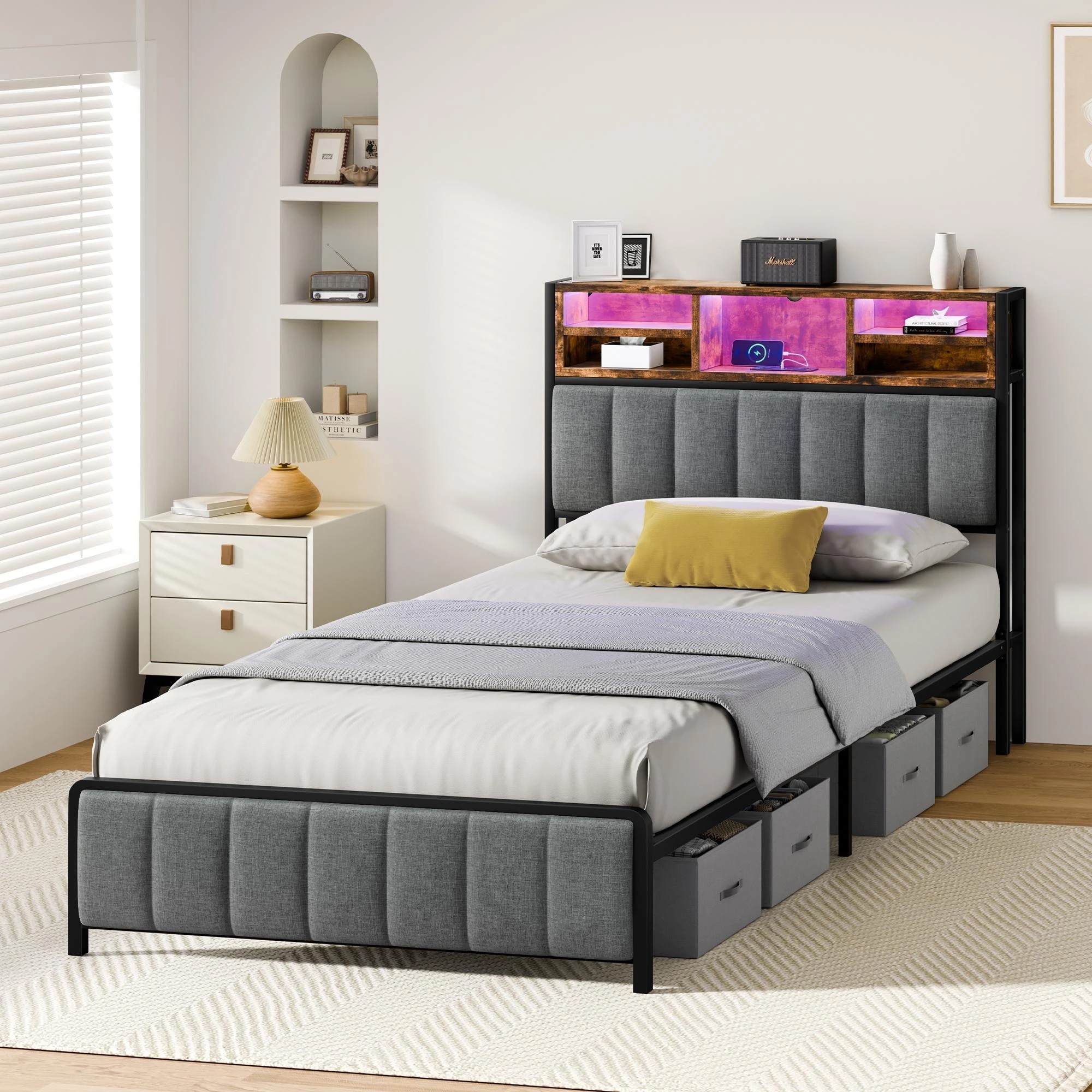 7 Alfordson Bed Frame King Single LED Charging Station Linen - Grey, 7 of 10