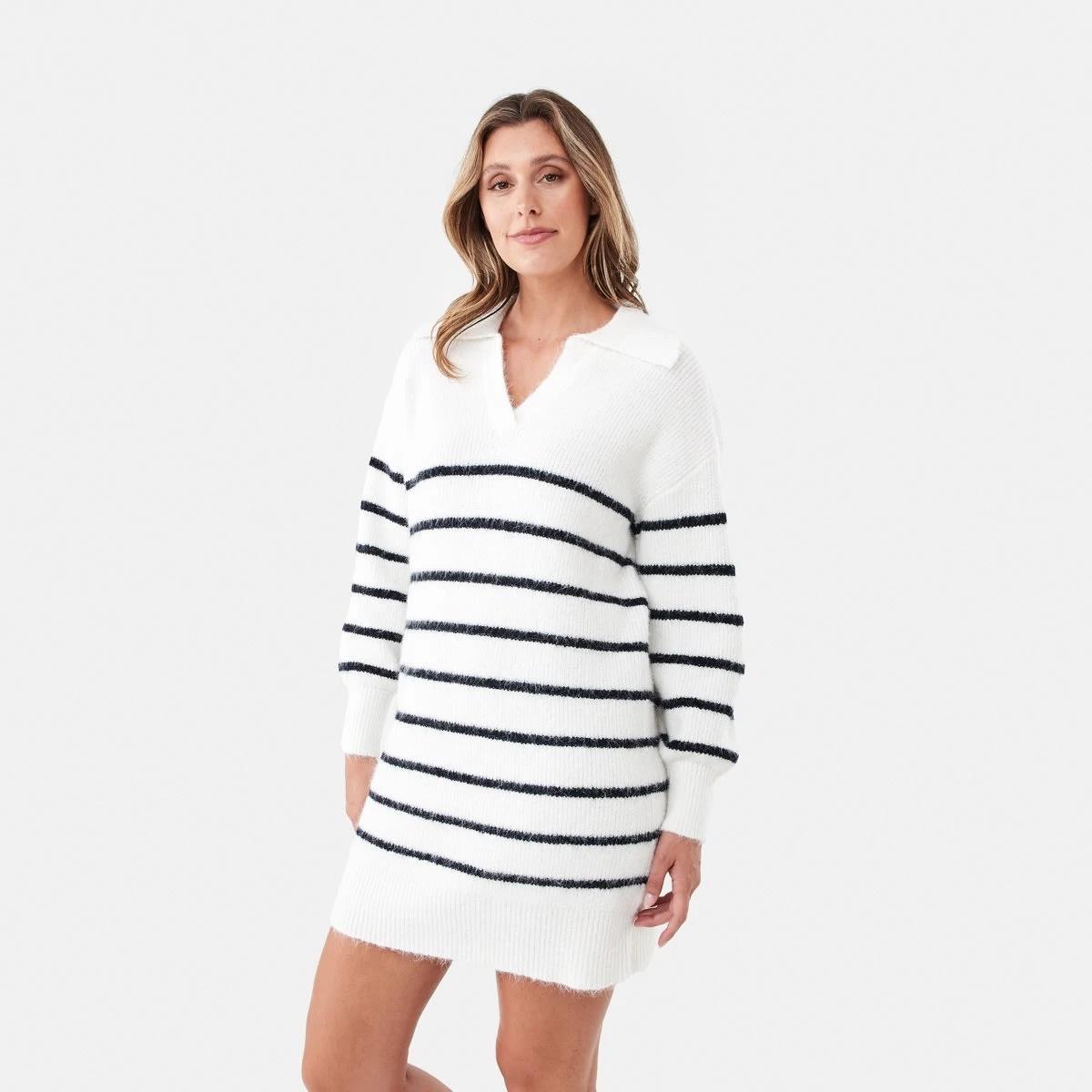 2 Long Sleeve Collared Knit Mini Dress Navy Strp, 2 of 6