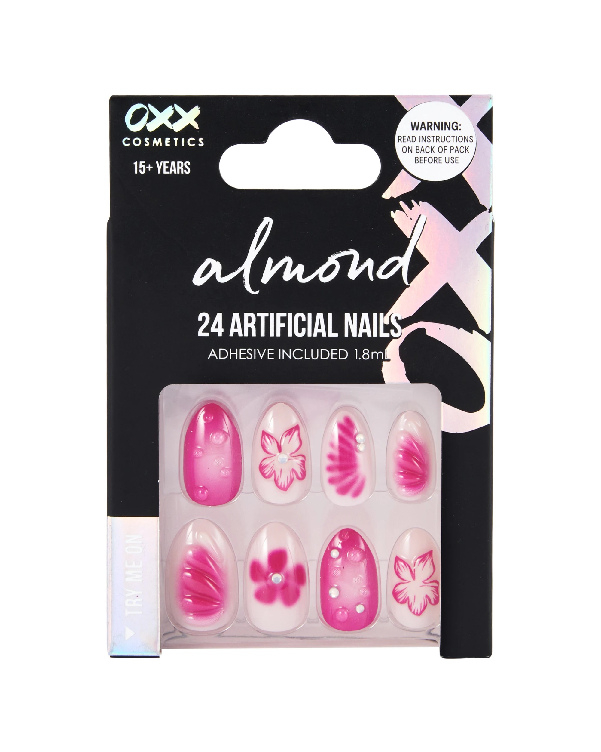 1 OXX Cosmetics 24 Pack Artificial Nails with Adhesive - Almond Shape, Fuchsia Pink Flowers And 3D Bubbles, 1 of 4