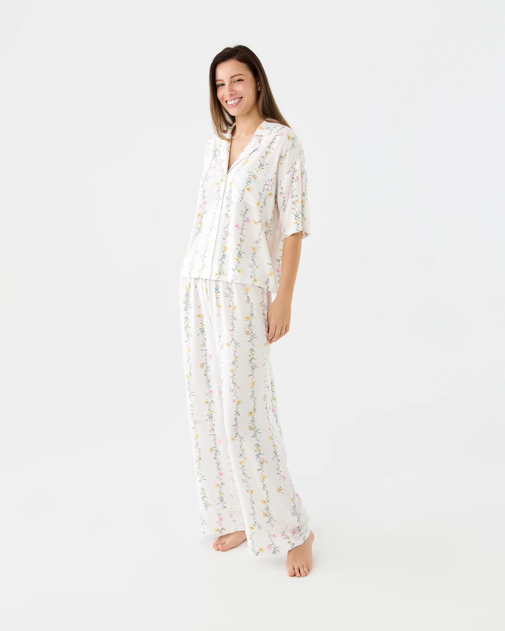2 Viscose Lace Trim Short Sleeve Top and Pants Pyjama Set Frl Stripe, 2 of 6