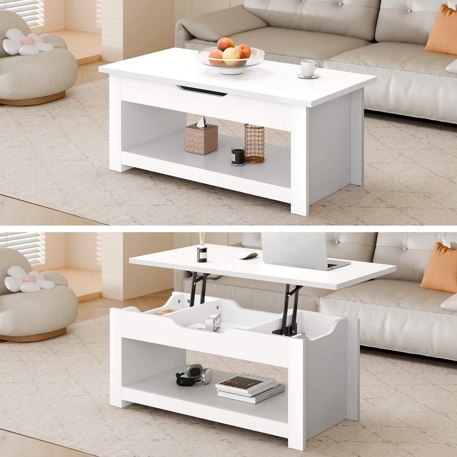 3 Alfordson Coffee Table Lift Up Top Laptop Desk Hidden Storage Shelf - White, 3 of 10