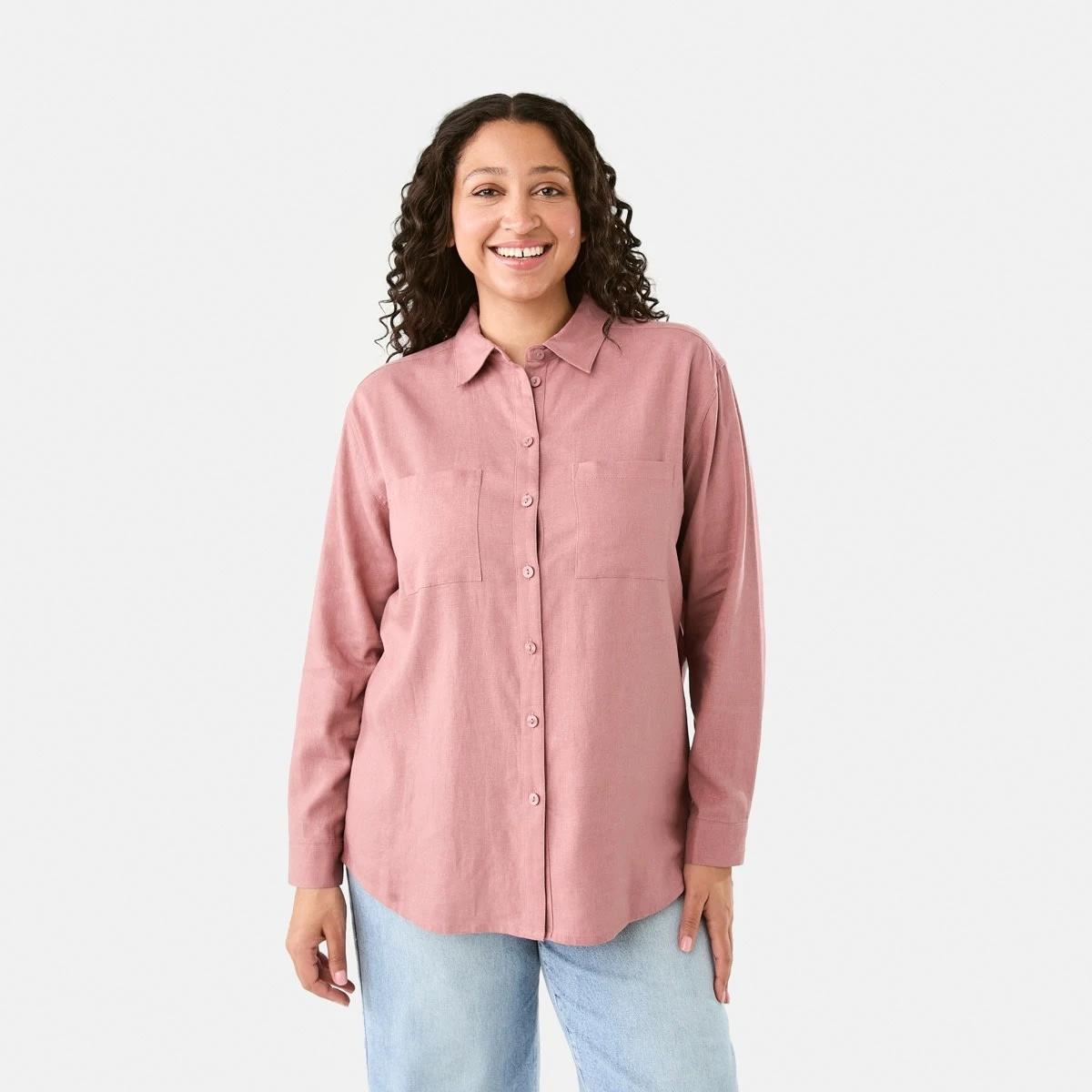 1 Long Sleeve Linen Blend Shirt Soft Red, 1 of 8