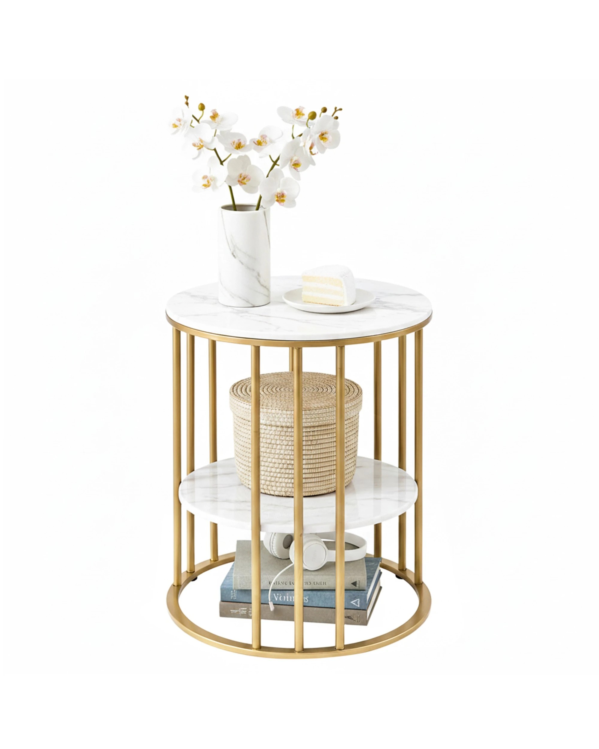 3 Artiss Side Table Set of 2 Marble Effect Round Coffee Table 2 Tier End Bedside Table Nightstand - White, 3 of 8