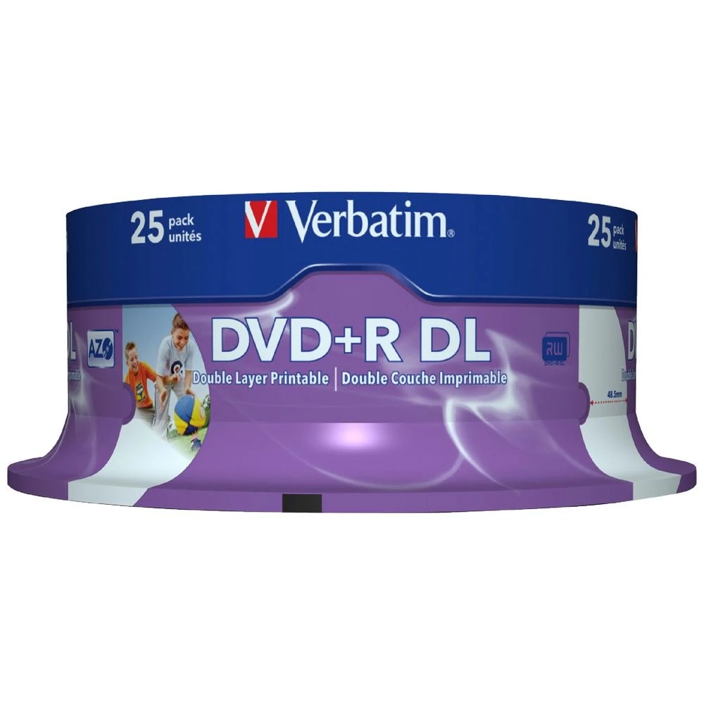 1 Verbatim DVD+R DL 8.5GB 8x White Wide Inkjet Spindle 25 Pack, 1 of 1