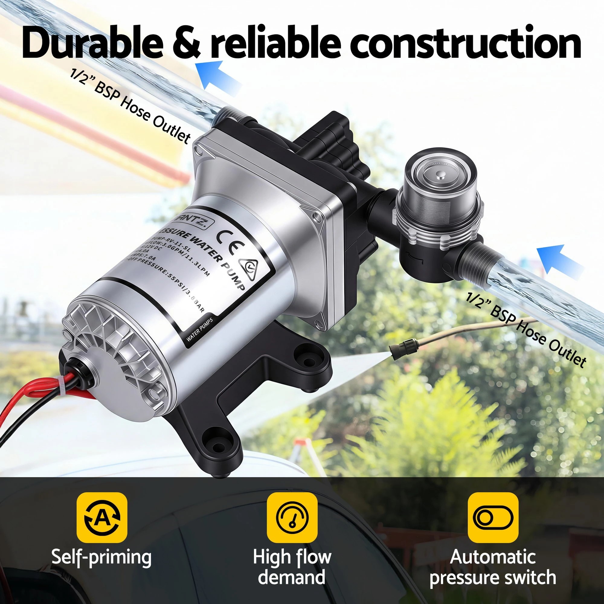 4 Giantz 12V Water Pump High Pressure Fast Self Priming 11.3L with Auto Switch for RV Caravan Boat - Silver, 4 of 5