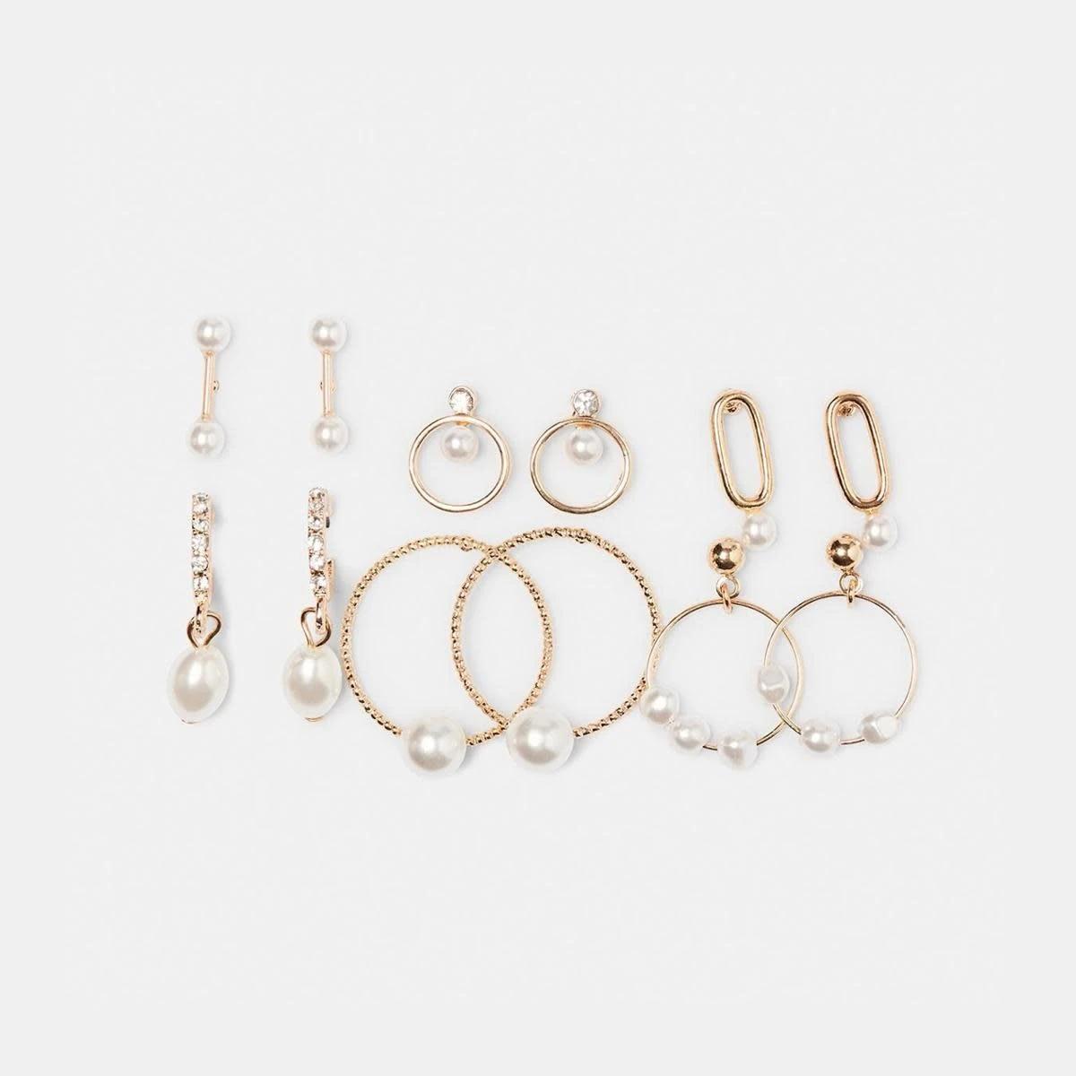 1 6 Pack Faux Pearl Hoop Earrings - Gold Tone Pearl, 1 of 5