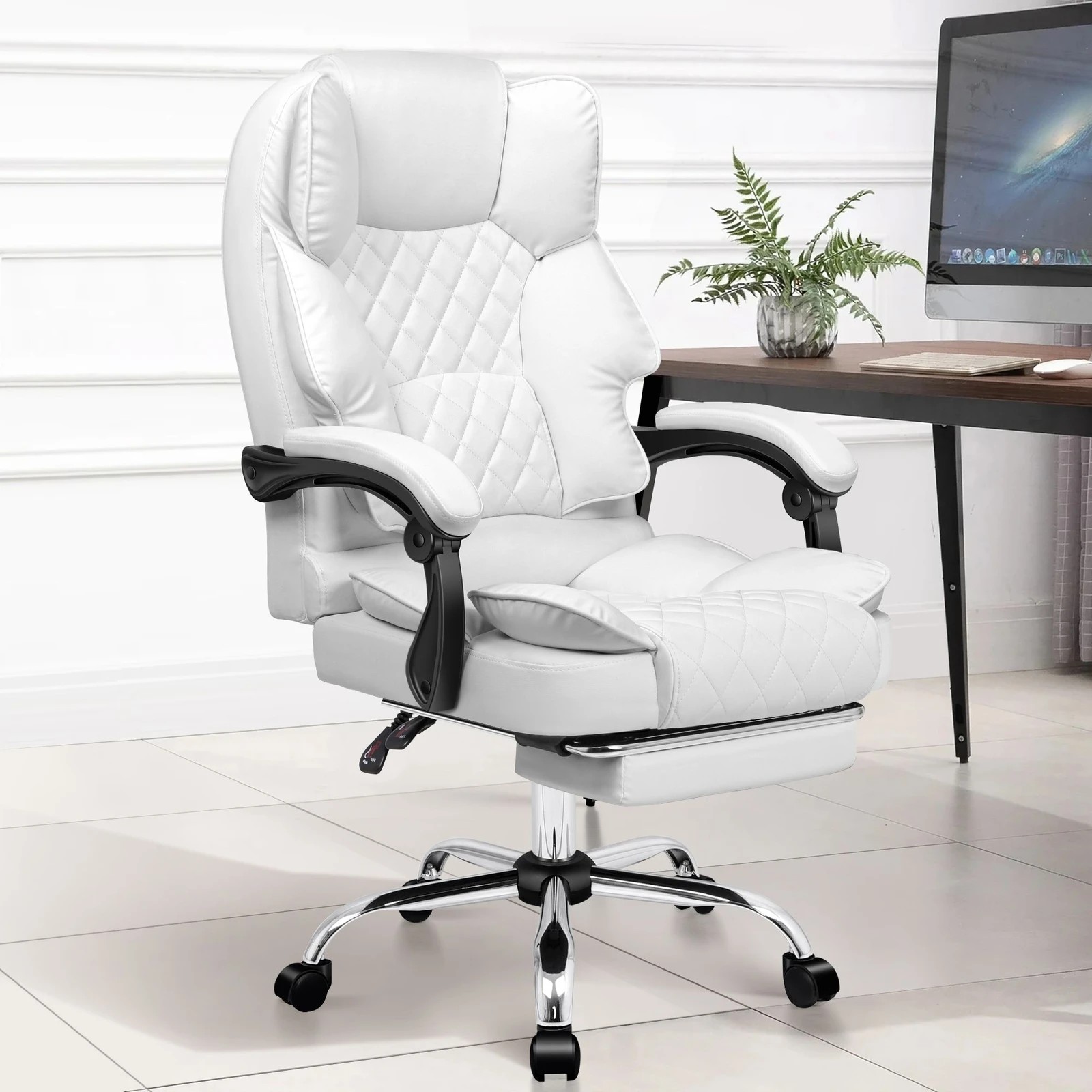 2 Alfordson Office Chair Gaming Executive Computer PU Leather Seat Recliner - White, 2 of 10