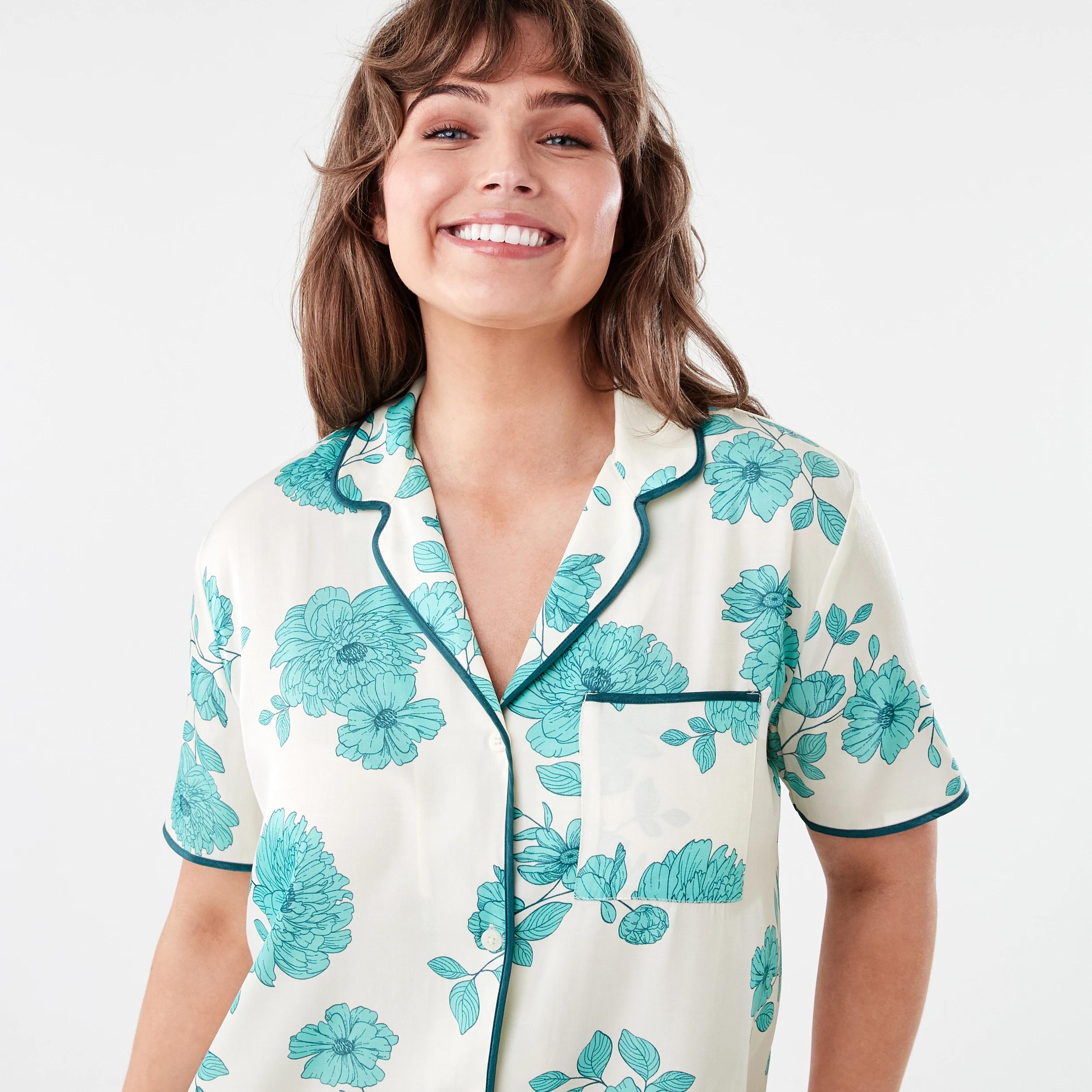4 Short Sleeve Matte Satin Nightie GREEN FLORAL DEEP MINT, 4 of 6