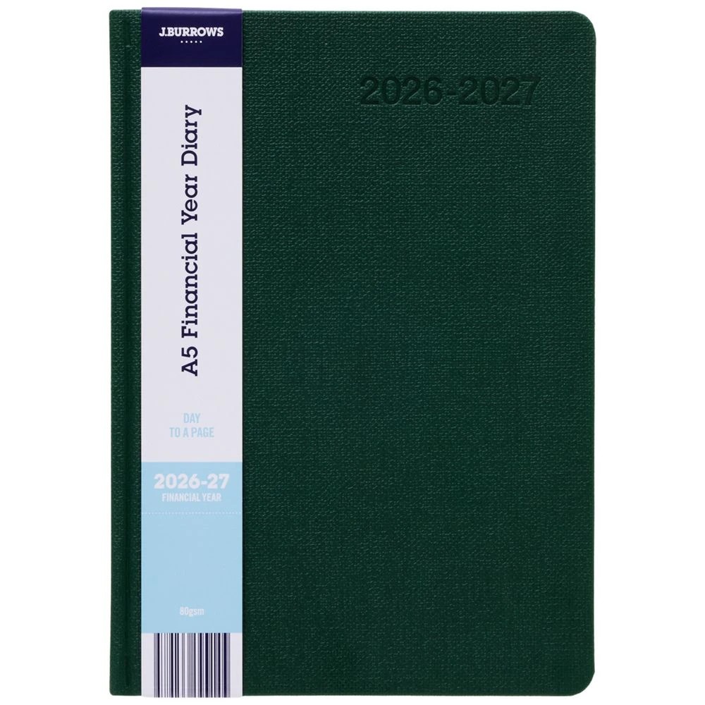 1 J.Burrows A5 Day to Page Textured FY26/27 Diary Green, 1 of 6