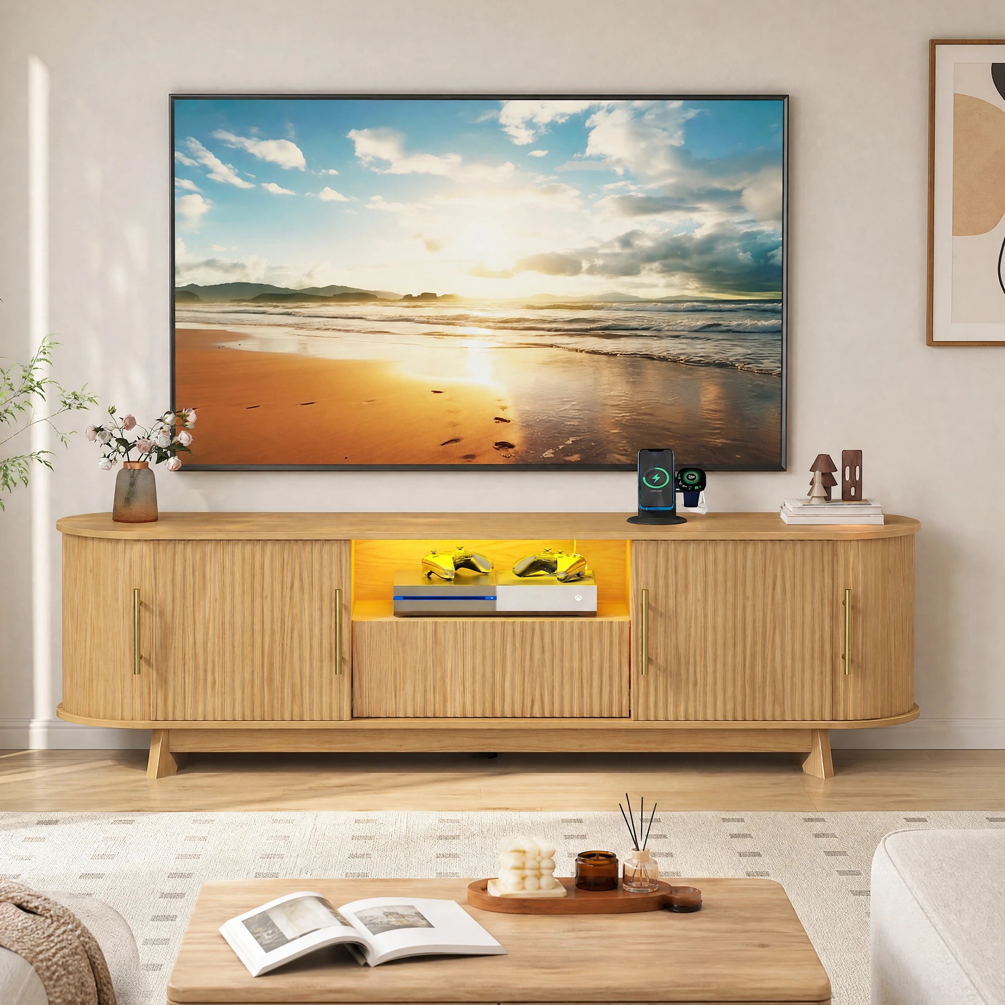 4 Advwin 160cm TV Unit Cabinet with Power Outlet and LED Light Entertainment Center TV Stand with Sliding Door - Natural, 4 of 10