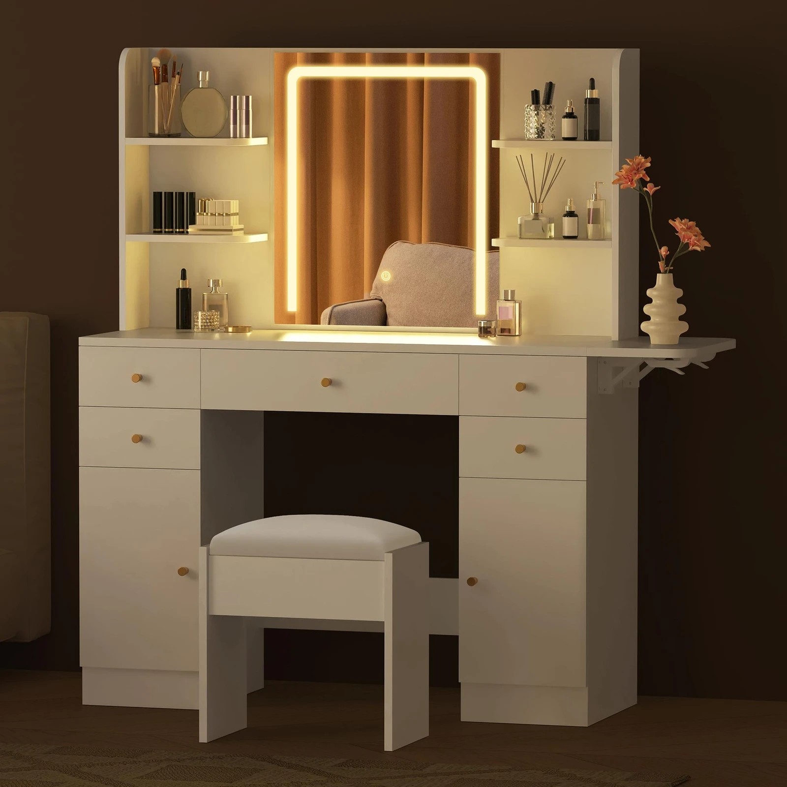 5 Alfordson Dressing Table Stool Set Makeup Mirror LED Vanity 5 Drawers - White, 5 of 9