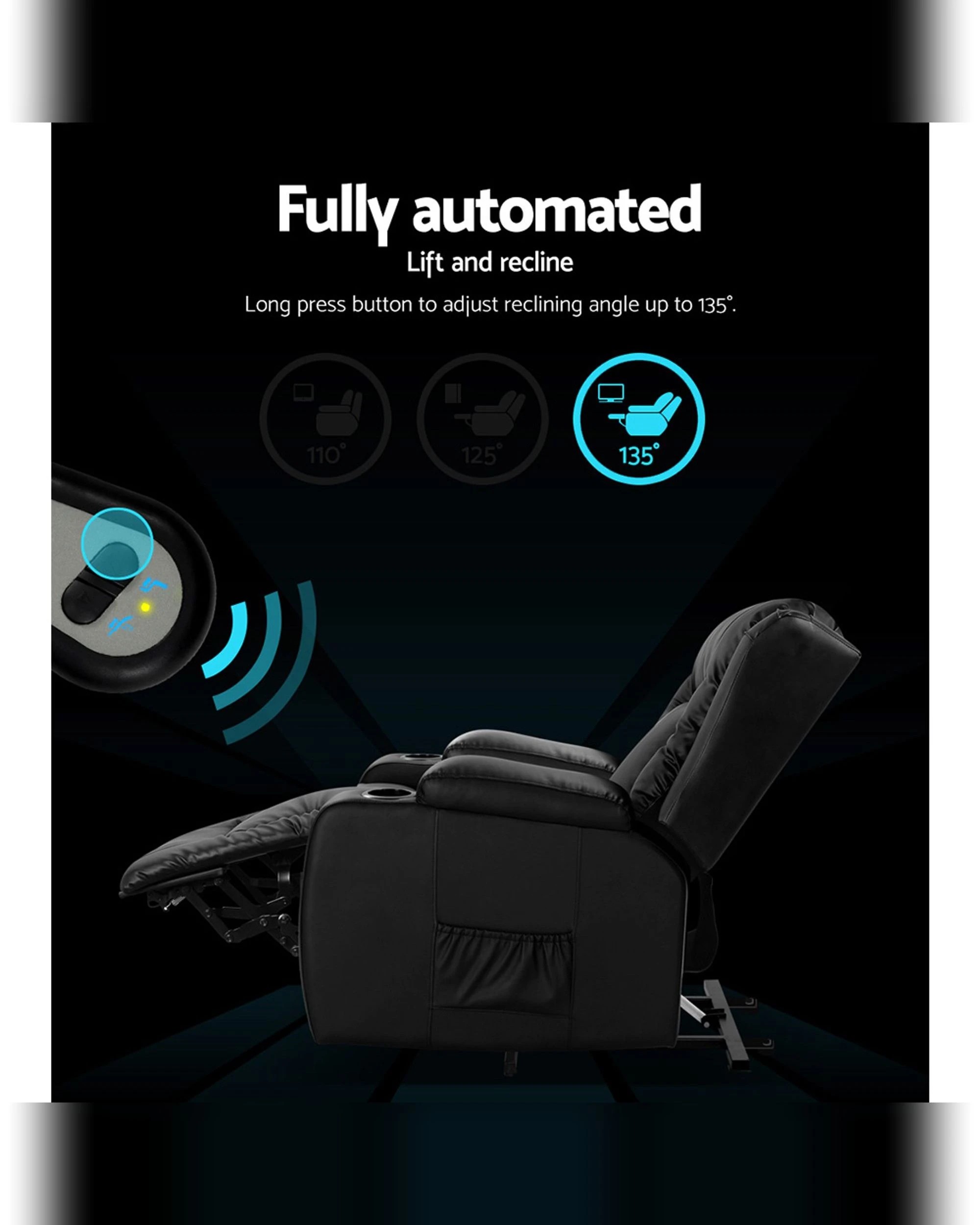 3 Artiss Recliner Chair Lift Assist Heated Massage Chair Leather - Black, 3 of 7