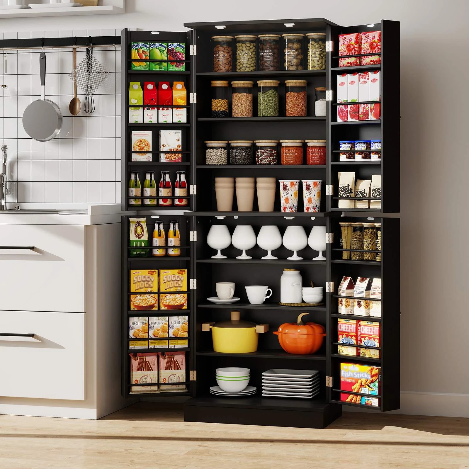 2 Costway 167CM Cupboard w/16 Door Shelves Adjustable Shelves Kitchen Pantry Cabinet - Black, 2 of 4