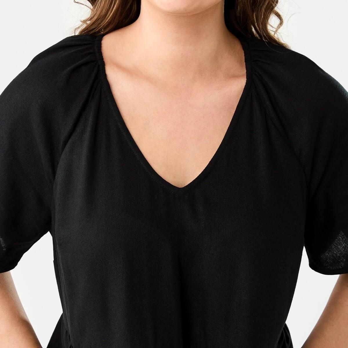 6 Short Sleeve Linen Blend Tiered Mini Dress BLACK, 6 of 9